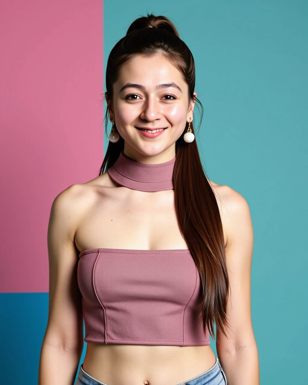 cowboy shot photo of Priyal Gor woman,candid photo with natural colors, smiling expression on face,nose pin,studio quality, wearing intricate high neck elegant Mauve sleeveless Jeans_with_kurta, high ponytail, pastel shaded multicolored background, cinematic lighting<lora:TestBed\Priyal_Gor_Flux_Kohya_V1-000002.safetensors:1.0:1.0>