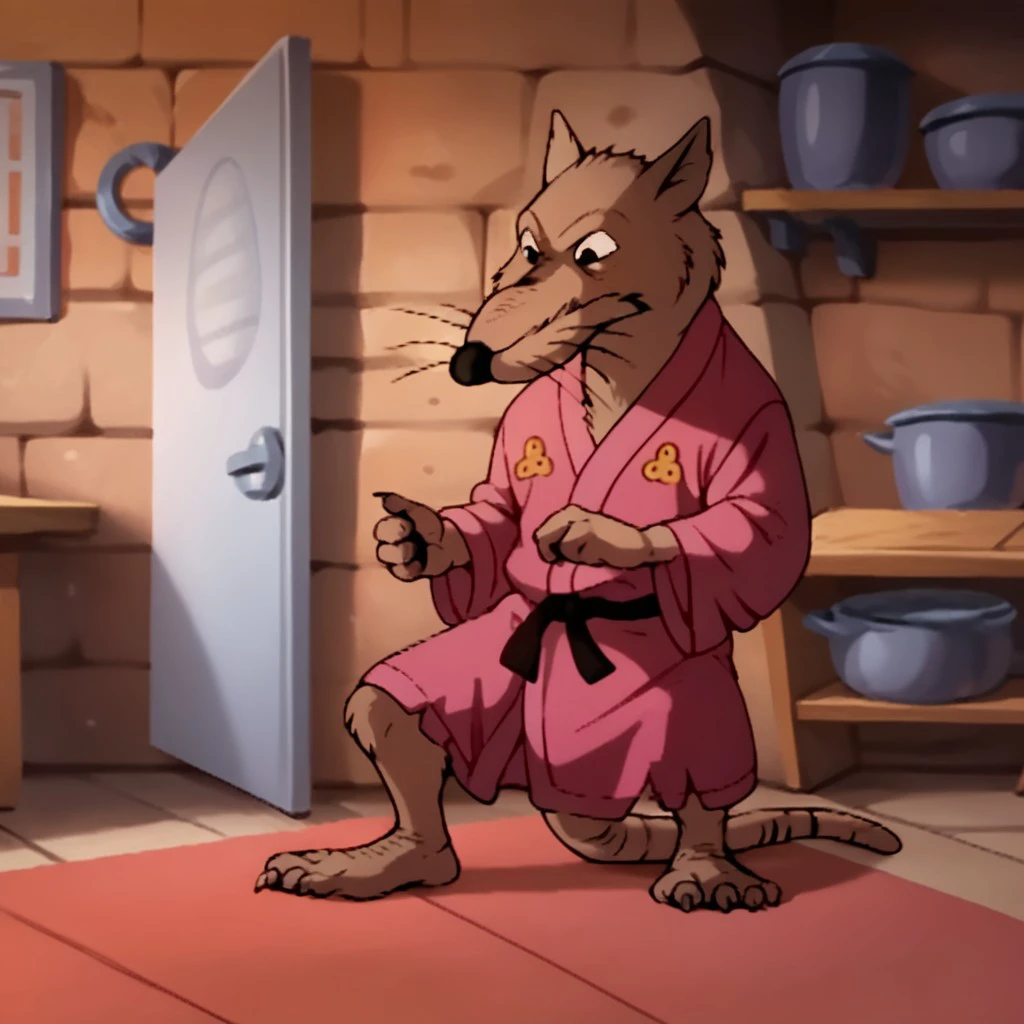 score_9, score_8_up, score_7_up, score_6_up, score_5_up, score_4_up, source_furry, Splinter87, young anthro, male, rat,  brown fur, rat tail,  barefoot, inside, pink kimono,, <lora:f98219d2-3ae7-41dc-bcf2-7be4f2ca31f4:1.0>