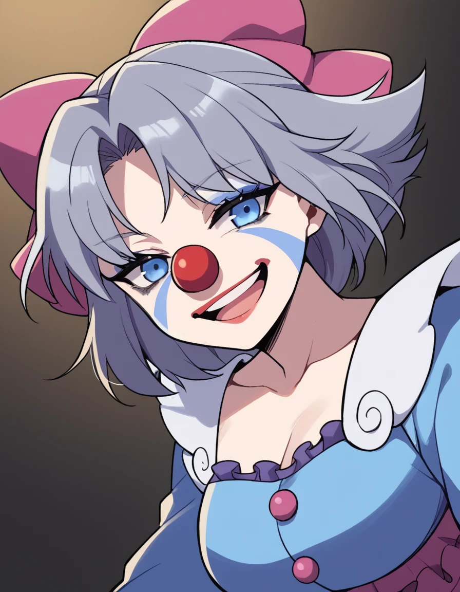 score_9, score_8_up, score_7_up, source_anime, <lora:sk-yumi-s1-ponyxl-lora-nochekaiser:1>, yumi, short hair, blue eyes, grey hair, hair bow, parted bangs, large breasts,, <lora:clown-ponyxl-lora-nochekaiser:1>, clown, makeup, clown nose, facepaint, gloves, long sleeves, frills, dress,, smile, open mouth, smug, , dutch angle, cowboy shot