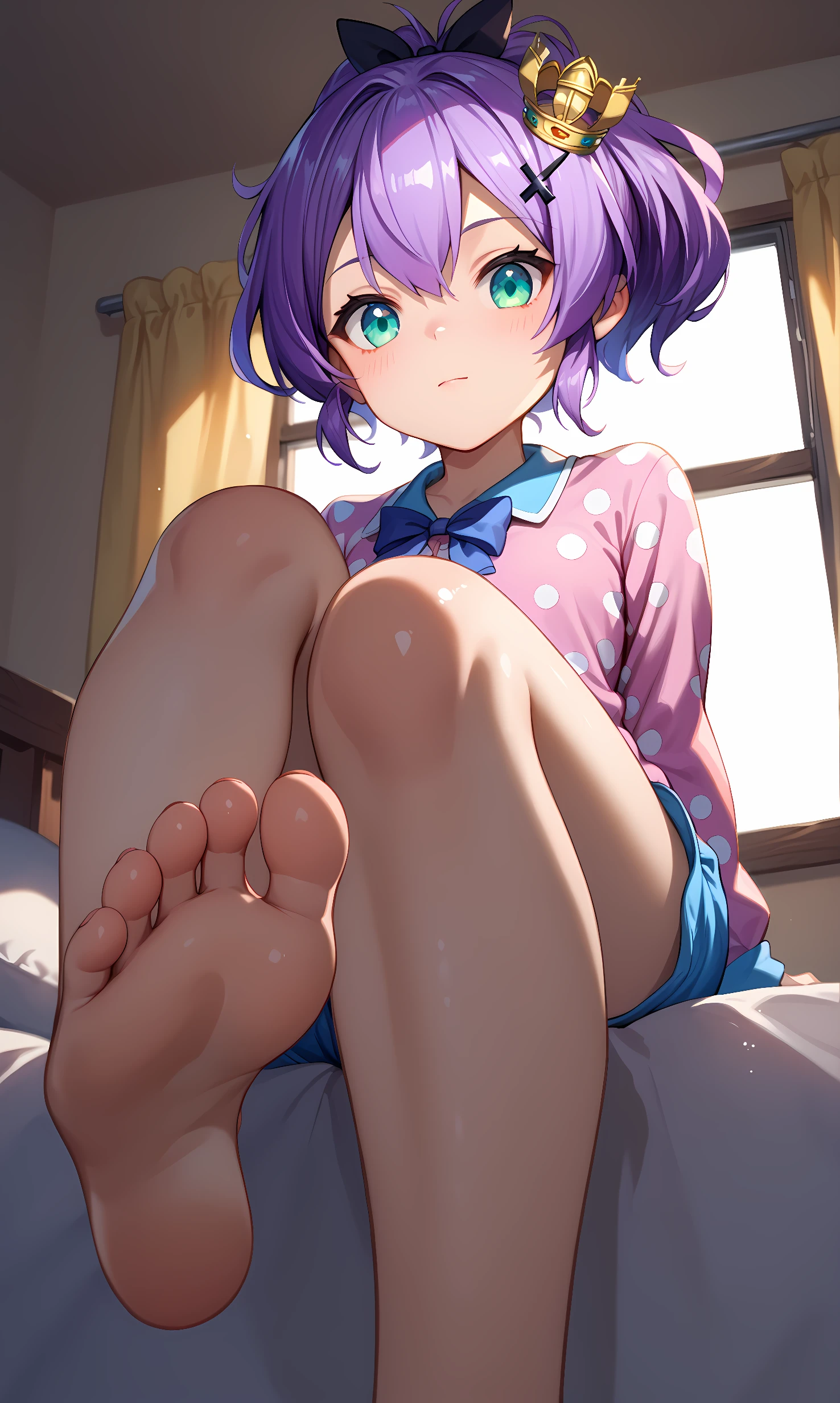 score_9, score_8_up, score_7_up, source_anime, 1girl, solo, indoors, bedroom, cowboy shot, looking at viewer, shiny skin, javelin, aqua eyes, purple hair, short ponytail, black bow, hair bow, cross hair ornament, mini crown, sitting, knees up, foot focus, from below, on bed, bed sheet, pajama, polka dot pajamas, long sleeves, close-up, shorts pajama