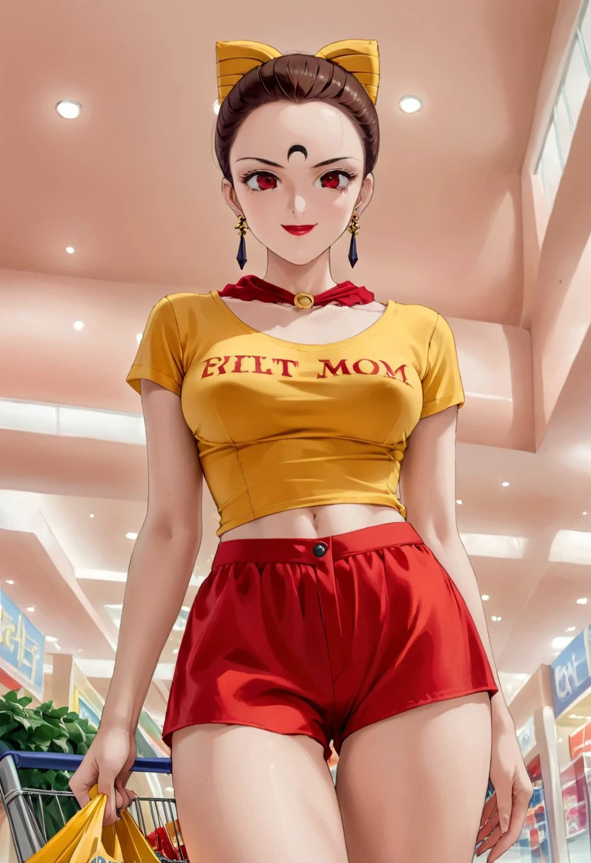 bottom view, excellent quality image, very detailed image, 1 girl, alone, feminine, cute face, makeup, red lipstick, smile, skirt, red eyes, detailed pupils, mark on forehead, facial mark, inverted crescent moon, black moon, brown hair, short hair, bun, bun, bun in hair, yellow bun, breasts, breasts, medium size, choker, jewelry, earrings, black crystal earrings, yellow t-shirt, tied t-shirt, belly button, short shorts, red shorts, shopping mall background