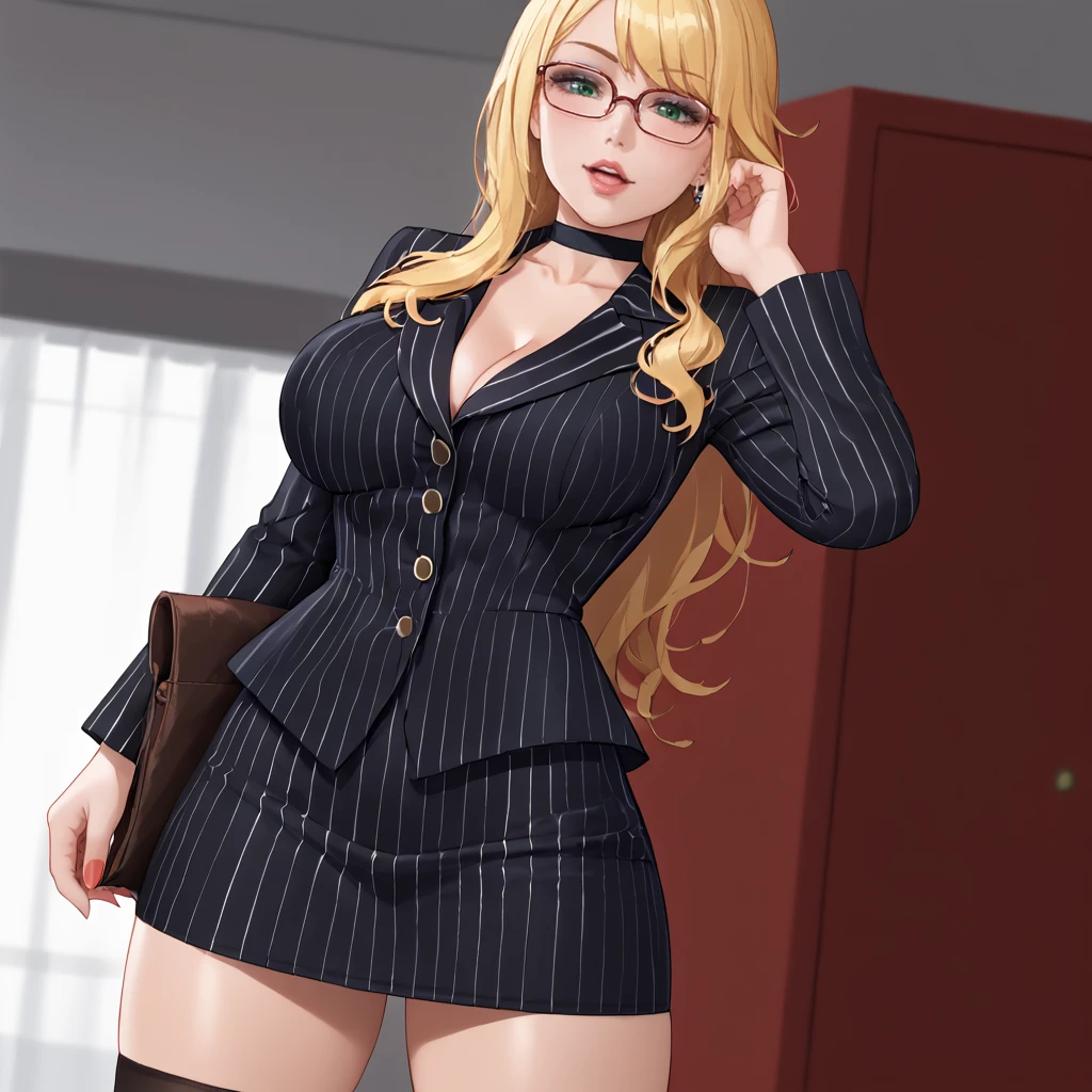 <lora:bishoujofreddy_pony_v1:.8>  BishoujoFreddy, 1girl, solo, blonde hair, large breasts, long hair,makeup, green eyes,   mole, eyeshadow, cowboy shot,  <lora:0856 OL professional suit skirt 1_v1_pony:1> ruanyi0856,striped jacket,choker,black pantyhose,striped skirt,glasses,black skirt,pinstripe pattern