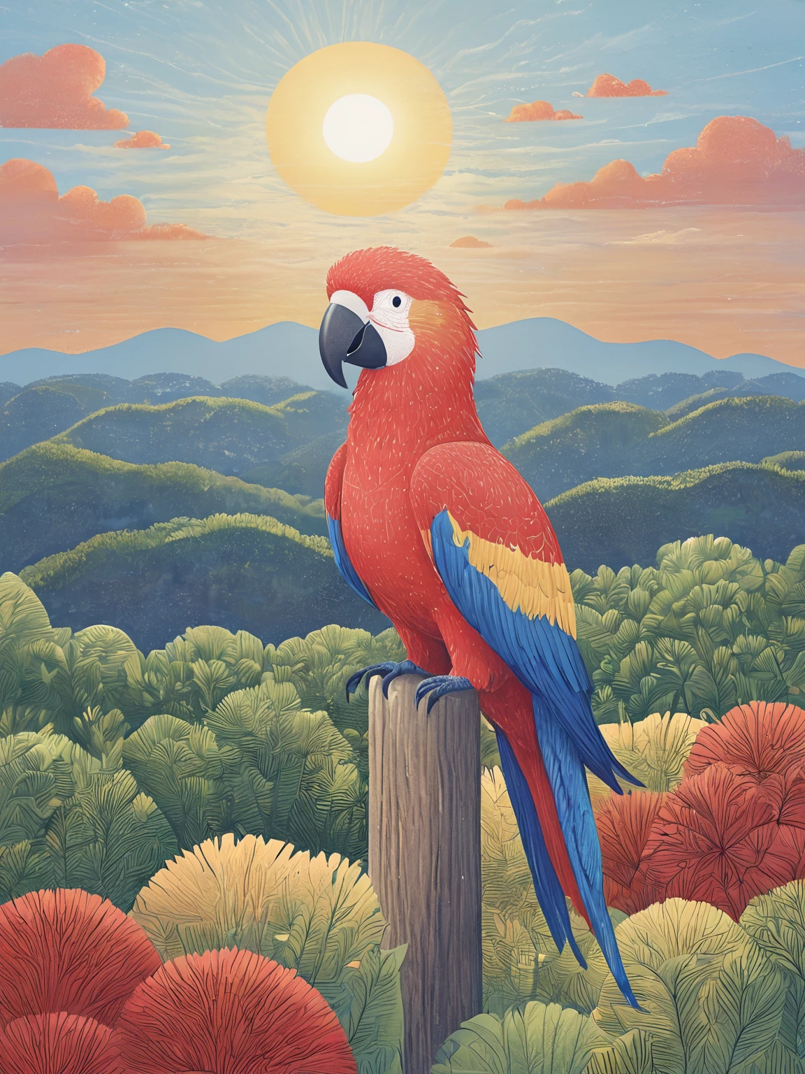 ,dongwo,no humans,macaw,animal focus,sky,sun,animal,star \(sky\),cloud,outdoors,<lora:Huihuafeng-wwm1:0.8>