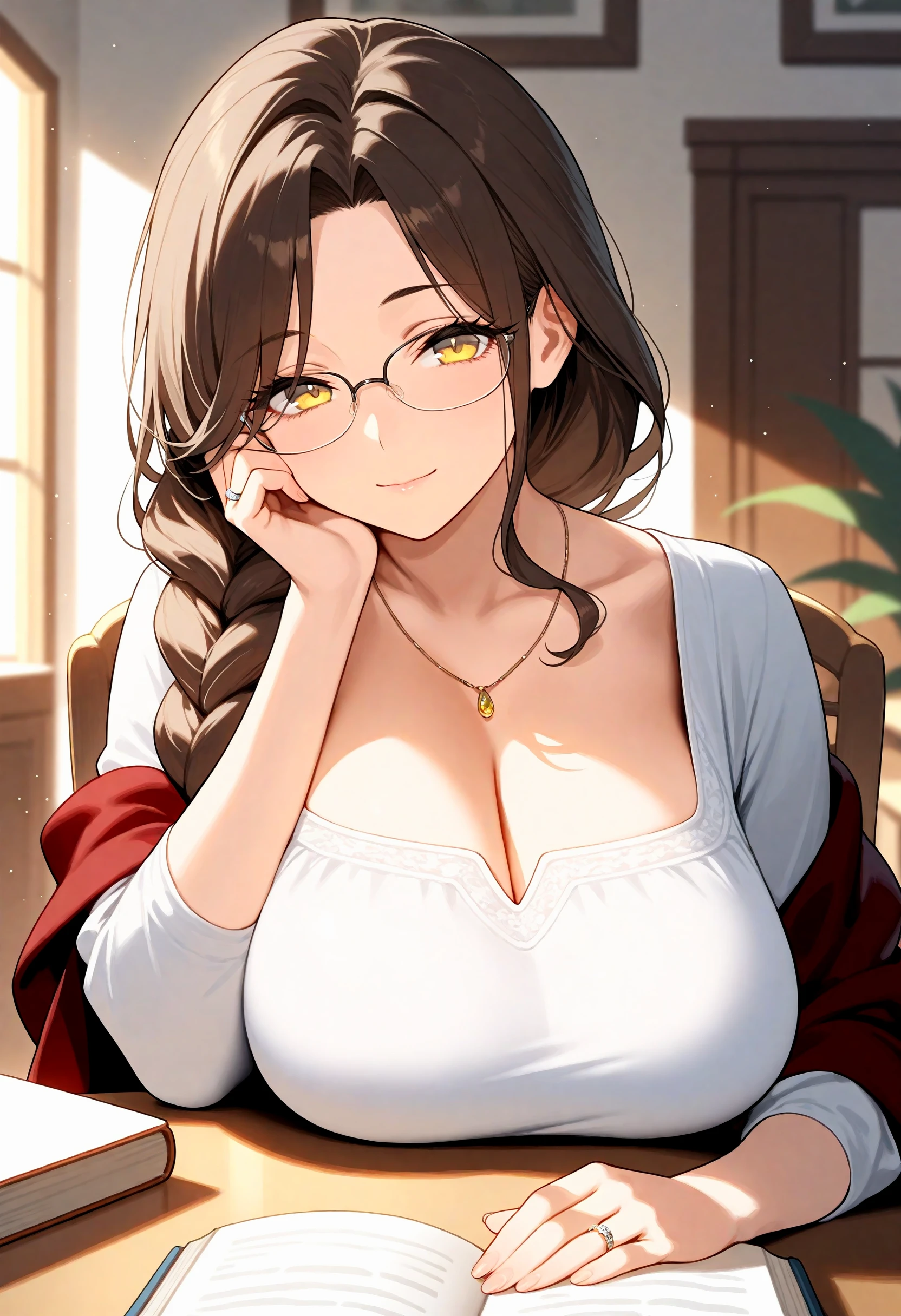 masterpiece, best quality, two heads, purah, red glasses, hair ornament, white jacket, sleeveless shirt, black skirt, upper body, from above, looking at viewer, smile, open mouth, furrowed brow, rustic village
