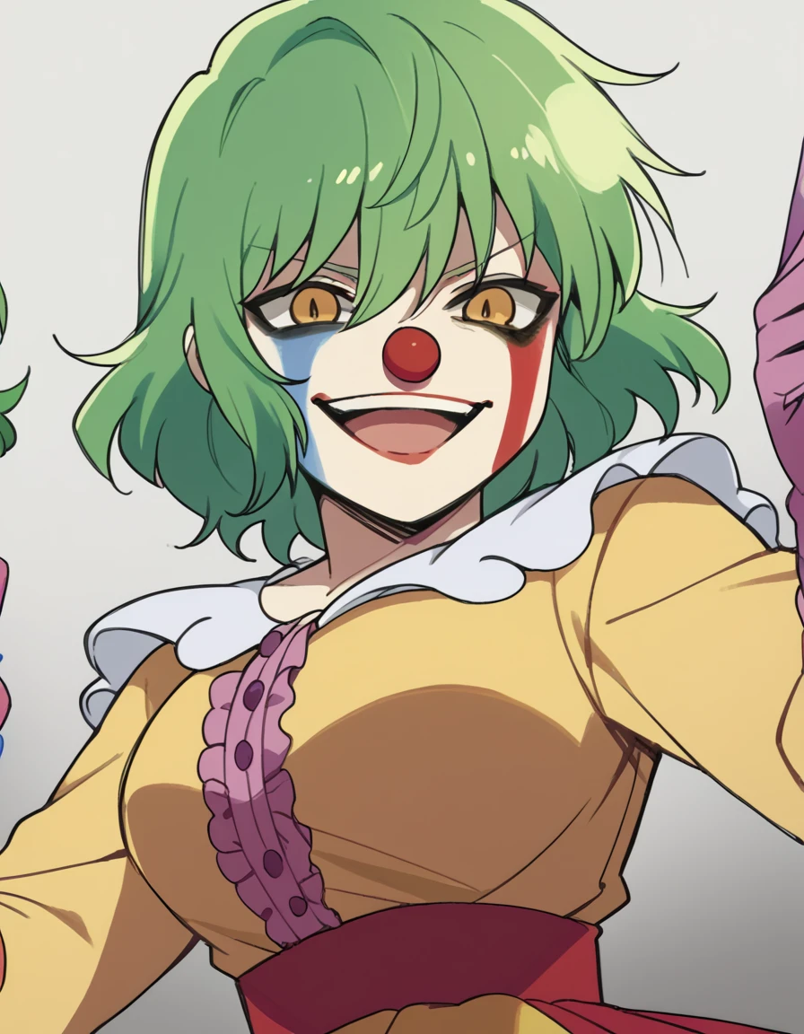 score_9, score_8_up, score_7_up, source_anime, <lora:sk-hikage-s1-ponyxl-lora-nochekaiser:1>, hikage, short hair, yellow eyes, slit pupils, green hair, large breasts,, <lora:clown-ponyxl-lora-nochekaiser:1>, clown, makeup, clown nose, facepaint, gloves, long sleeves, frills, dress,, smile, open mouth, smug, , dutch angle, cowboy shot