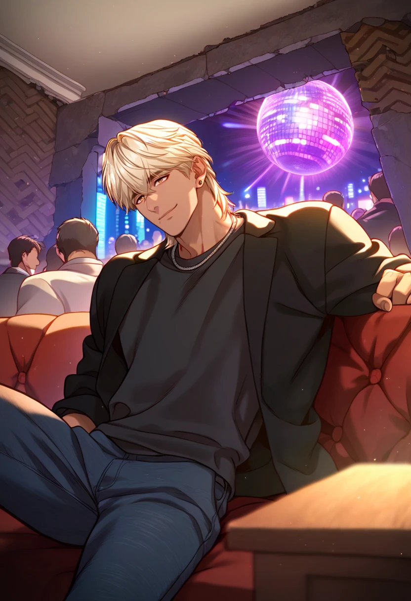 1boy, male focus, solo,
<lora:Character - Questism - JaehaHanPony-40:1> jaehahan, blonde hair, brown eyes, necklace, stud earrings, dark-skinned male,
,((zPDXL)), score_9_up, score_8_up, score_7_up, score_6_up, score_5_up, score_4_up, best quality, amazing quality, best aesthetic, amazing aesthetic, absurdres, year2023, uncensored, very nsfw, official art, official style, depth of field, detailed eye,
night, indoors, black shirt, jacket, ruins, couch, on couch, hands behind couch, nightclub, crowd, pants, (Nightclub:1.3), seductive smile, disco ball,
<lora:Style - Expressive_H-000001:1> expressiveh
