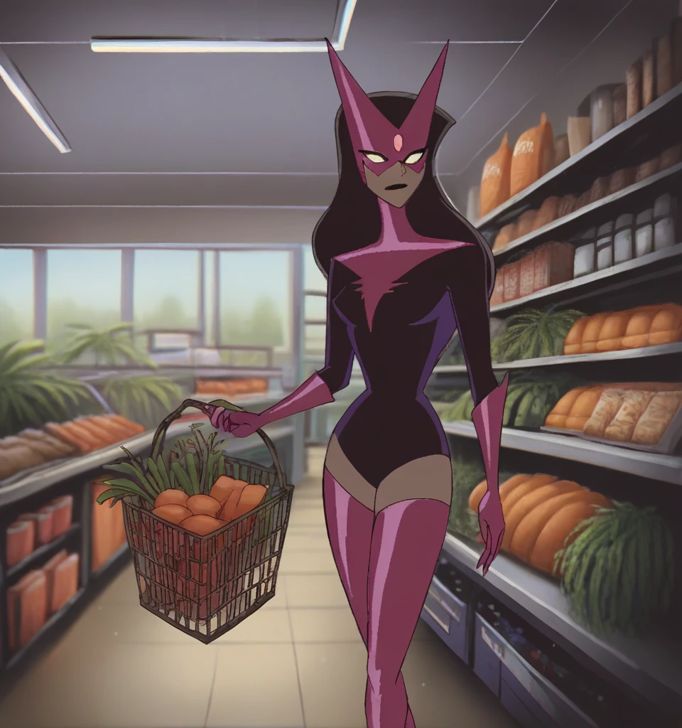 ssjlu, purple bodysuit, purple thighhighs, sup3rmark3t, indoors, shelves, store, food, groceries, shopping basket on arm, thoughtful, eggplants, <lora:Star_Sapphire_-_Justice_League_Appearance_v1:0.9>,  <lora:Supermarket:0.6>, score_9, score_8_up, score_7_up, score_6_up, score_5_up, score_4_up,