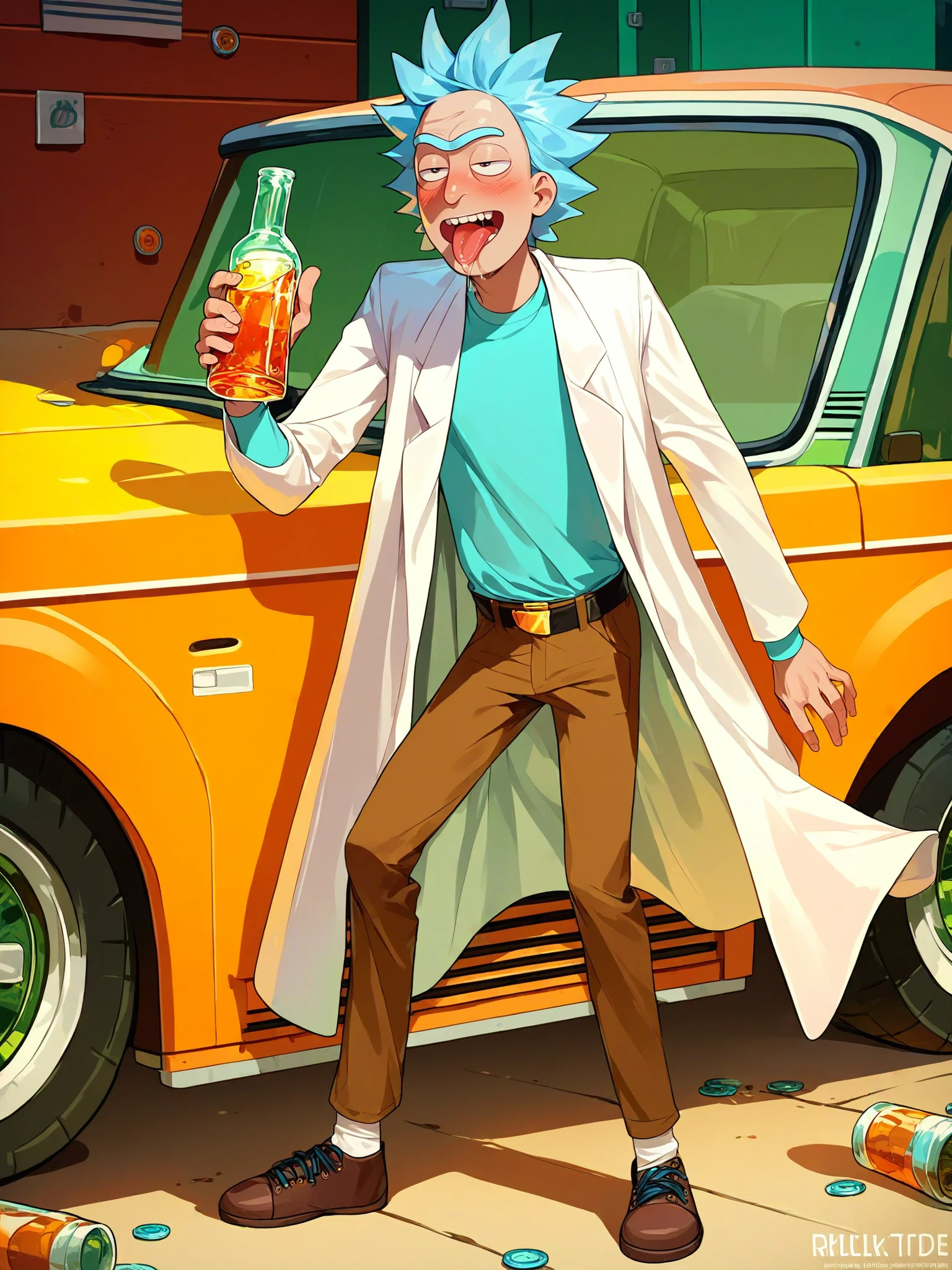 source_cartoon, score_9, score_8_up, score_7_up, score_6_up, full body, <lora:Rick_Sanchez001:1> rick sanchez, 1boy, solo, male focus, old man, spiked hair, white hair, skinny, aqua shirt, brown pants,, belt, labcoat, drunk, saliva, garage