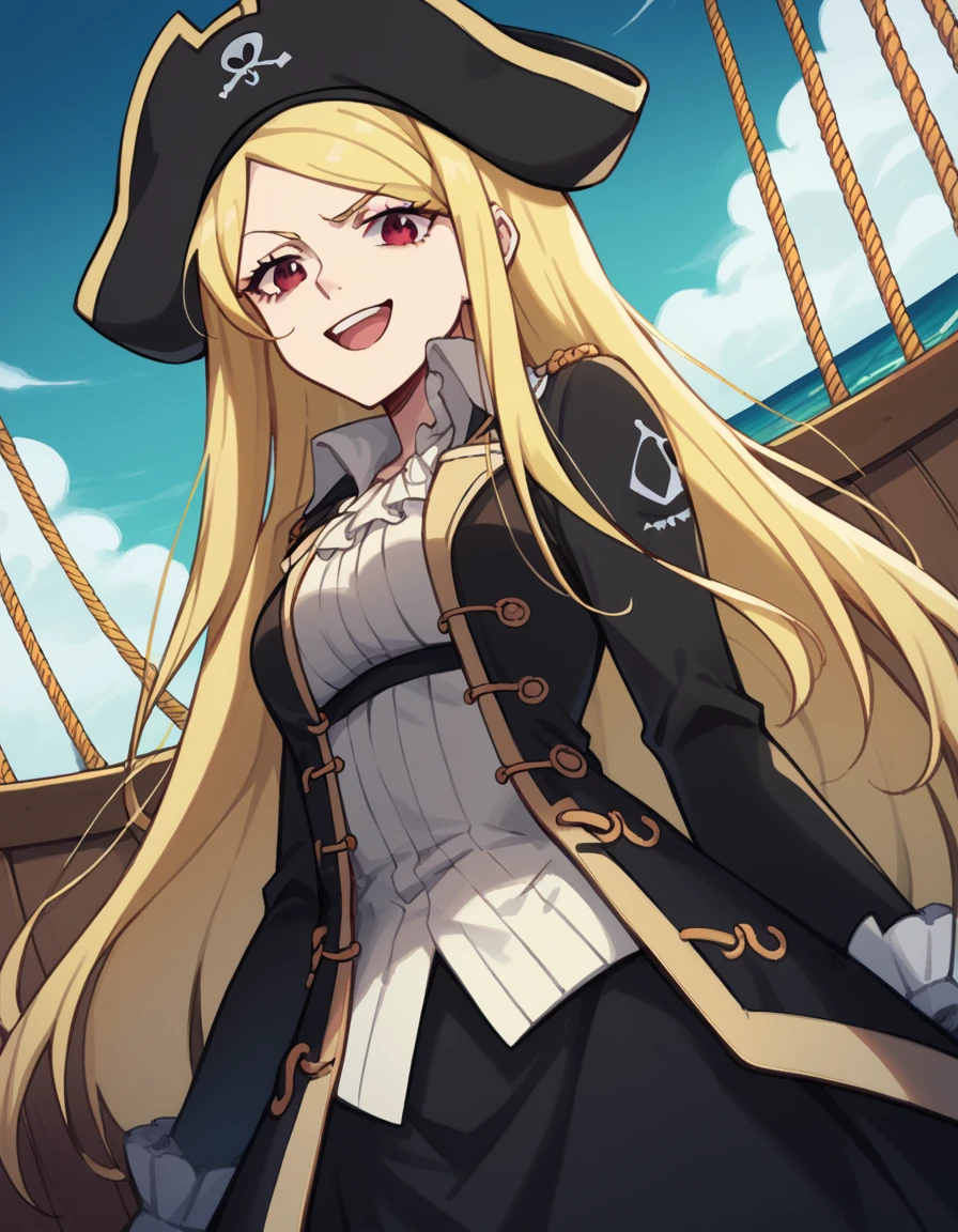 score_9, score_8_up, score_7_up, source_anime, <lora:elizabeth-greenhough-smith-s1-ponyxl-lora-nochekaiser:1>, elizabeth greenhough smith, long hair, blonde hair, red eyes, very long hair, hairband, parted bangs, black hairband, medium breasts,, <lora:pirate-costume-ponyxl-lora-nochekaiser:1>, pirate costume, pirate hat, skirt, gloves, jacket, shirt, eyepatch,, blue sky, sea, ocean, pirate ship, treasure, gold, smug, open mouth, from below, sitting,, , dutch angle, cowboy shot