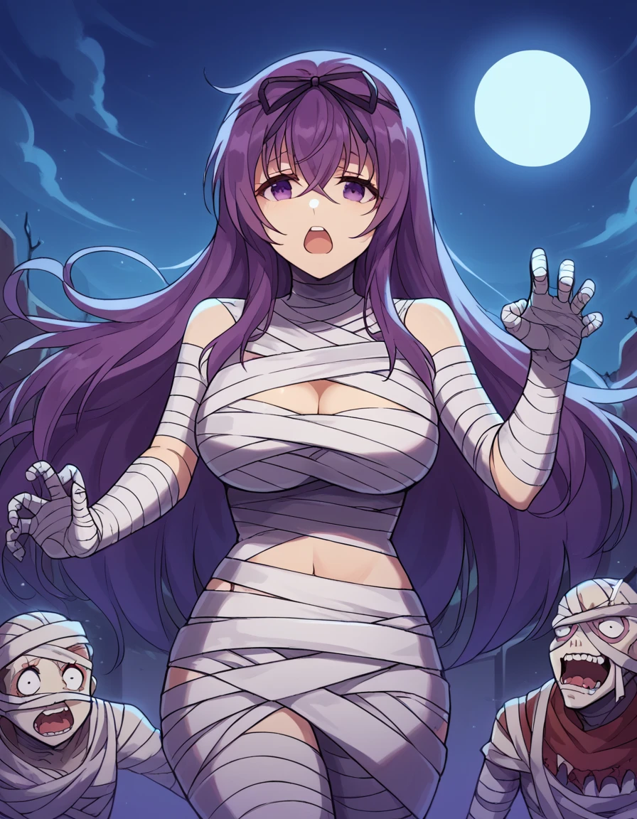 score_9, score_8_up, score_7_up, source_anime, <lora:sk-murasaki-s1-ponyxl-lora-nochekaiser:1>, murasaki, long hair, ribbon, purple eyes, hair ribbon, purple hair, large breasts,, <lora:mummy-costume-ponyxl-lora-nochekaiser:1>, mummy costume, bandages, halloween costume, bandaged arm, zombie pose, bandage on face,, desert, moon, night, open mouth, , dutch angle, cowboy shot