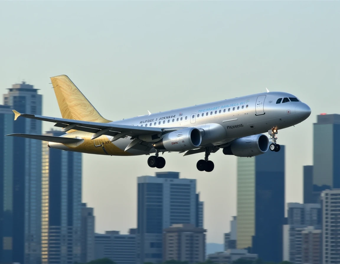 <lora:airbus_a319_dev_f1:1> airbus a319 flying , background tall buildings, silver color with gold stripes