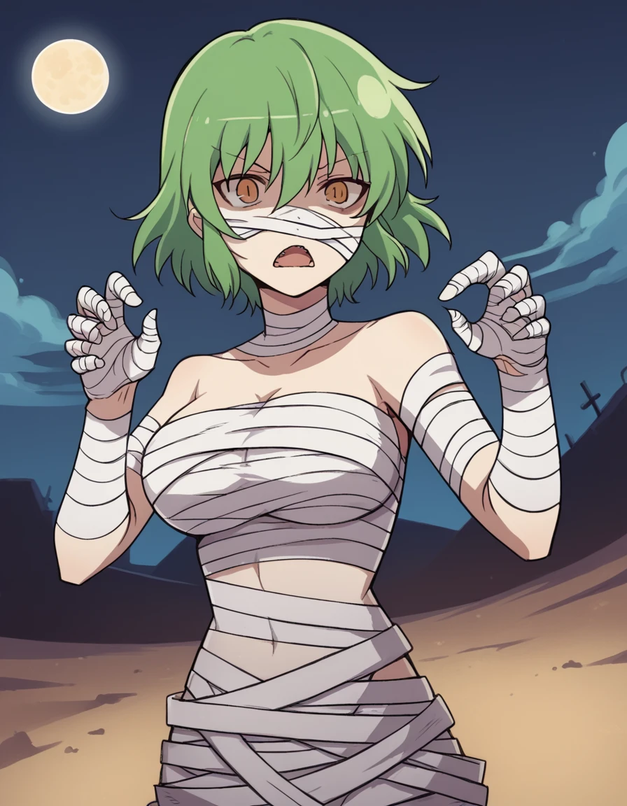 score_9, score_8_up, score_7_up, source_anime, <lora:sk-hikage-s1-ponyxl-lora-nochekaiser:1>, hikage, short hair, yellow eyes, slit pupils, green hair, large breasts,, <lora:mummy-costume-ponyxl-lora-nochekaiser:1>, mummy costume, bandages, halloween costume, bandaged arm, zombie pose, bandage on face,, desert, moon, night, open mouth, , dutch angle, cowboy shot