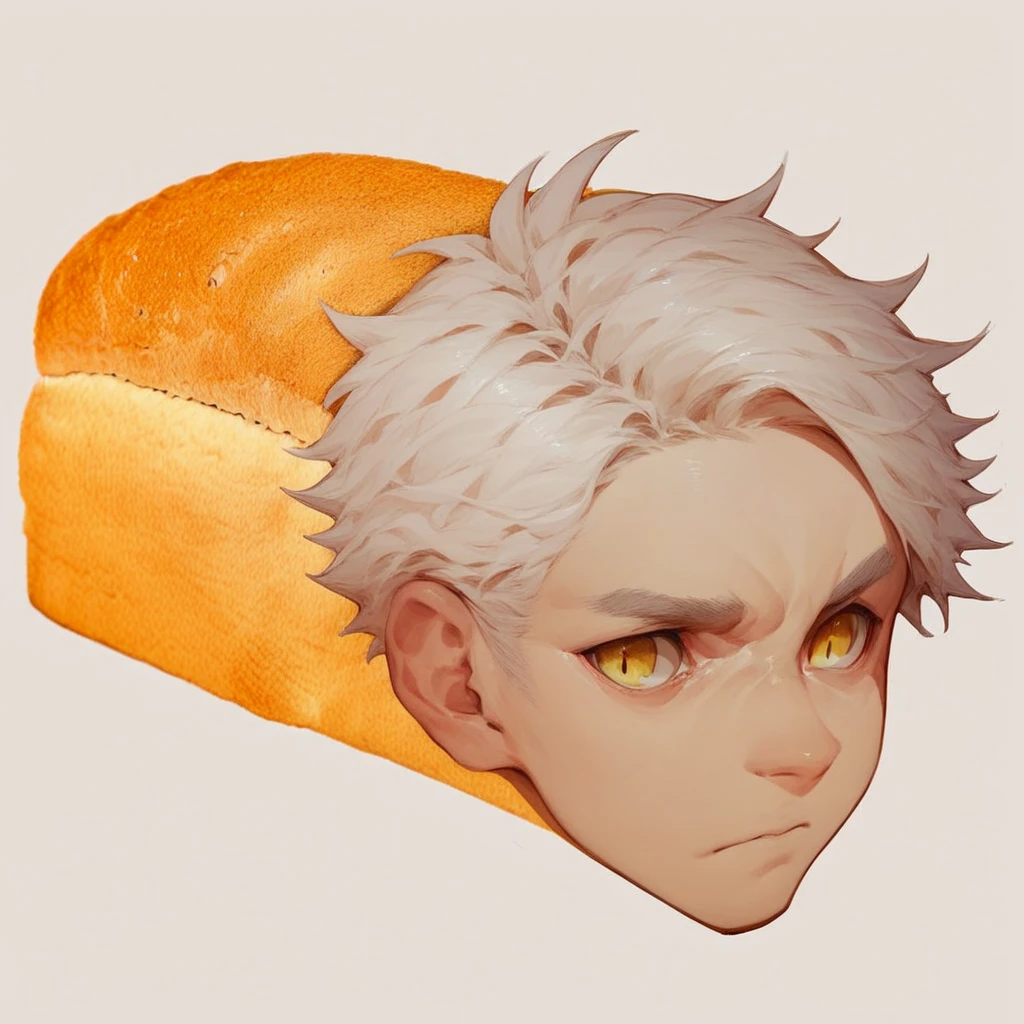 score_9_up, score_8_up, score_7_up, mikus-concept, face on bread, face added in foreground, white background, white hair, yellow eyes, 1boy, solo