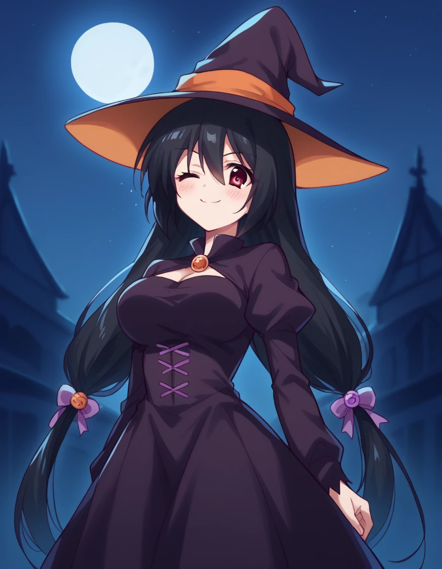 score_9, score_8_up, score_7_up, source_anime, <lora:shino-sasaki-AA-ponyxl-lora-nochekaiser:1>, shino sasaki, long hair, black hair, twintails, red eyes, very long hair, large breasts,, <lora:witch-ponyxl-lora-nochekaiser:1>, witch, hat, witch hat, dress, halloween, halloween costume, jewelry,, night, moon, blush, smile, one eye closed,, , dutch angle, cowboy shot