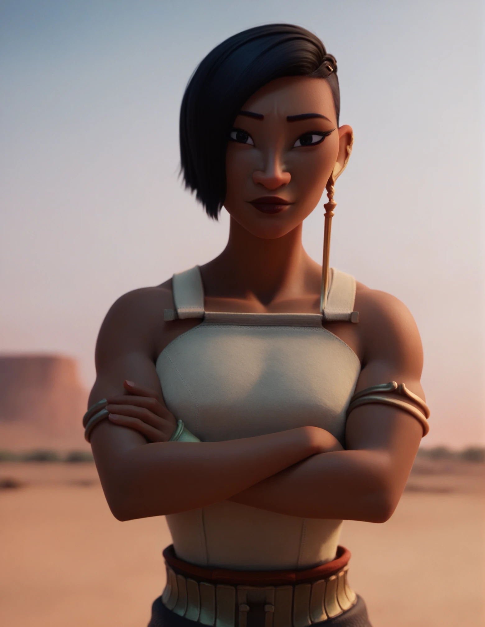 1girl, portrait, dark skin, lipstick, black hair, earring, athletic, high contrast, black eyes, crossing arms, outdoors, desert, solo, sunset, against the light, <lora:Namaari:1> namaari, score_9, score_8_up, score_7_up, score_6_up