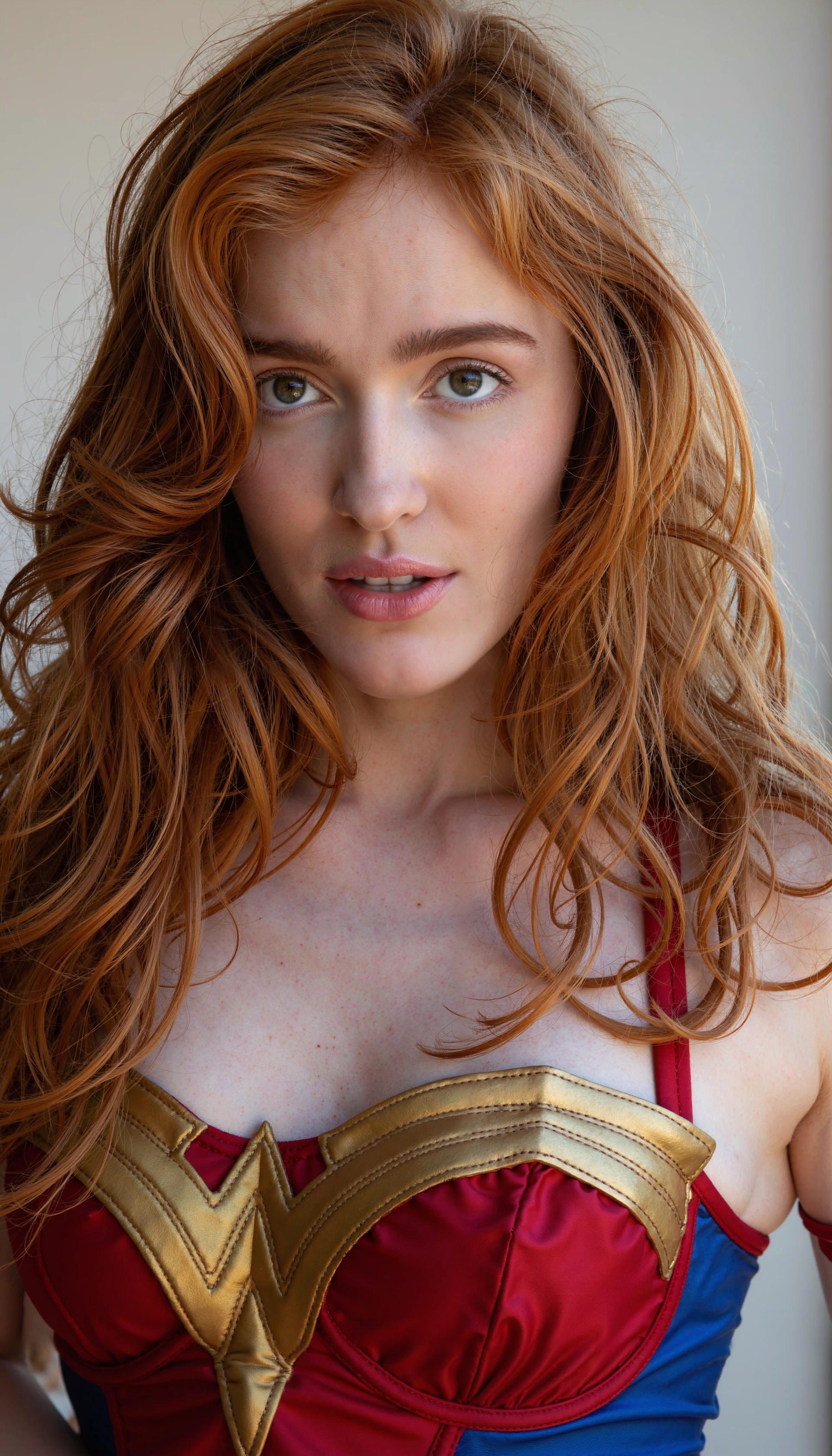 photo of a p3r5on woman with striking, vibrant red hair, which cascades in loose, wavy curls around her shoulders.  she is wearing a cosplay wonder-woman costume