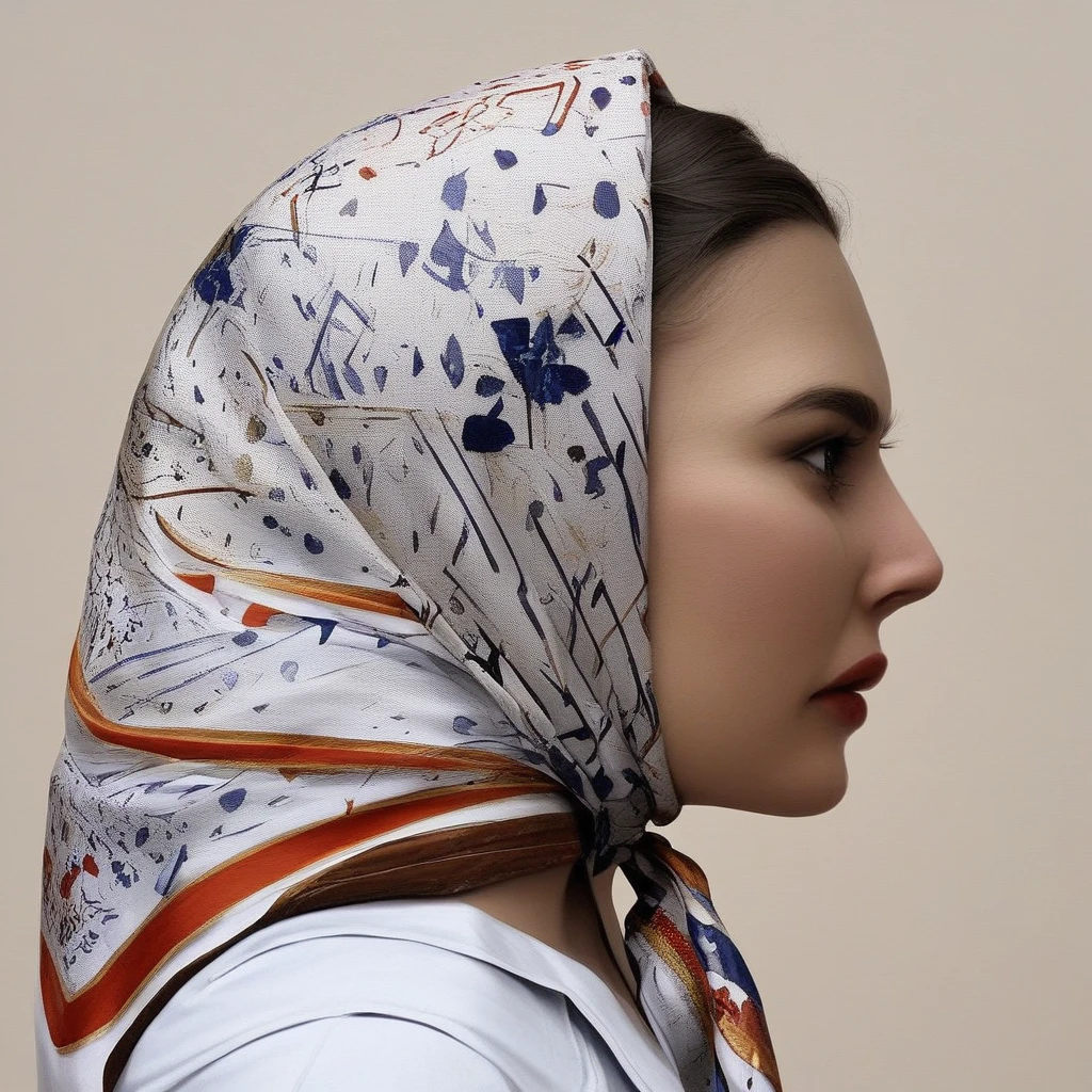 lady wearing silk headscarf, kerchief, side view