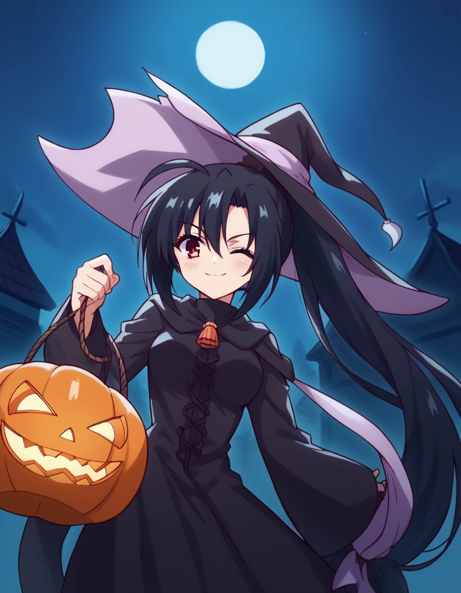 score_9, score_8_up, score_7_up, source_anime, <lora:hina-fuuma-AA-ponyxl-lora-nochekaiser:1>, hina fuuma, long hair, black hair, red eyes, hair ribbon, ponytail, medium breasts,, <lora:witch-ponyxl-lora-nochekaiser:1>, witch, hat, witch hat, dress, halloween, halloween costume, jewelry,, night, moon, blush, smile, one eye closed,, , dutch angle, cowboy shot