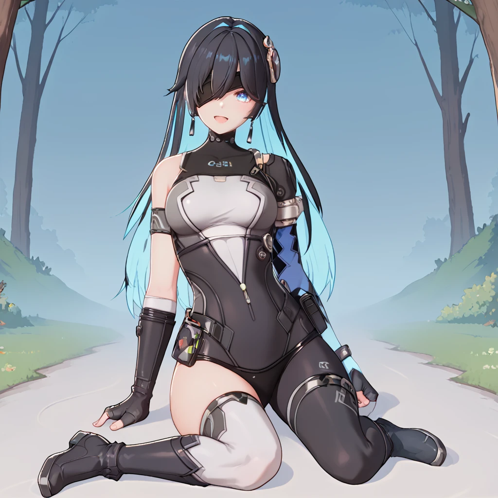 zPDXL3, 1girl, solo, xiva, black hair, blue eyes, eyepatch, long hair, gloves, blue hair, multicolored hair, fingerless gloves, breasts, two-tone hair, bodysuit, blue sleeve, asymmetrical clothing, hair ornament, thighhighs, (asymmetrical legwear:1.2), black footwear, boots, 
looking at viewer, facing viewer, open mouth, smile,
sitting,  on ground, 
score_9, score_8_up, score_7_up, masterpiece,
outdoors, forest, 
<lora:xiva:0.9>