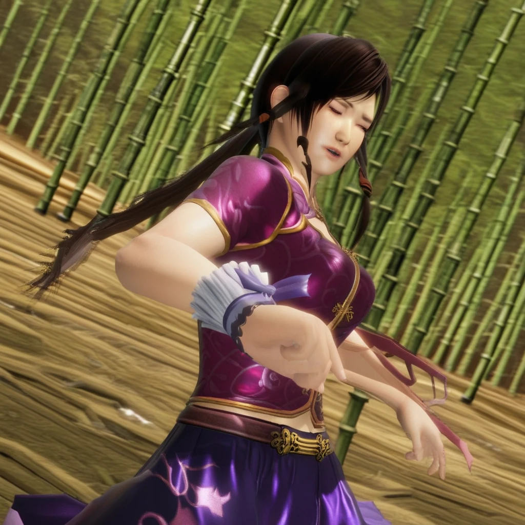 ribbon, braid, kokorodoa6, bamboo, closed eyes, ponytail, skirt, purple, foreshortening, forest