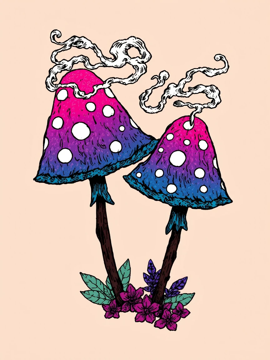 The image is a vibrant, whimsical digital drawing with a fantastical, psychedelic theme. The scene features two large, brightly colored mushrooms with elongated stems. The mushrooms have caps that transition from a deep pink at the base to a gradient of purple and blue at the top, with white spots scattered across their surfaces. Wispy, swirling tendrils of smoke or mist emanate from the caps, adding a mystical, ethereal quality to the scene. The stems are a deep brown, with detailed textures suggesting rough bark.