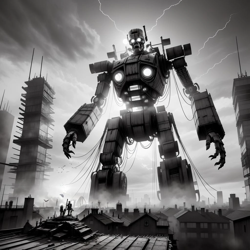 <lora:Navi_FrankensteinTech_SD:0.8> nv_frankensteintech, ,scifi,  steel , greyscale, 
third person view, at rooftop, looking at huge colossal battle mech , destruction,