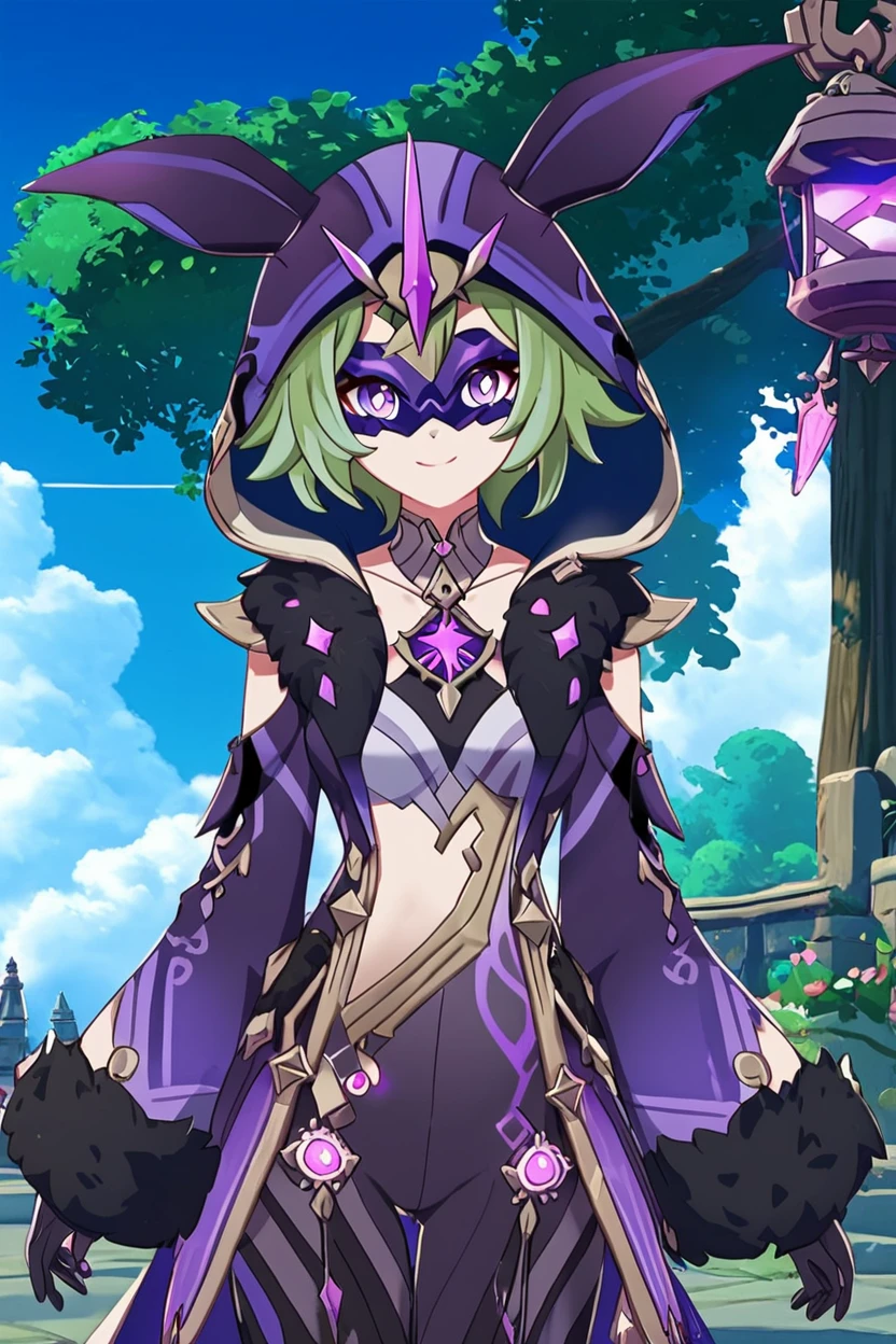 score_9, score_8_up, score_8, medium breasts, (curvy), cute, eyelashes,       BREAK, , zzElectroCicin, 1girl, short hair, green hair,  hood, fur trim, long sleeves, mask, cloak, hooded cloak, gloves, lantern, <lora:ElectroCicin_Genshin_PDXL:0.8>,   , BREAK, smile, looking at viewer, cowboy shot, ,,, outdoors, sky, day, cloud, tree, blue sky, sunny,  ,,, Expressiveh, ,,, <lora:Alola_Style_PDXL:0.8>, <lora:Expressive_H-000001:0.4>,