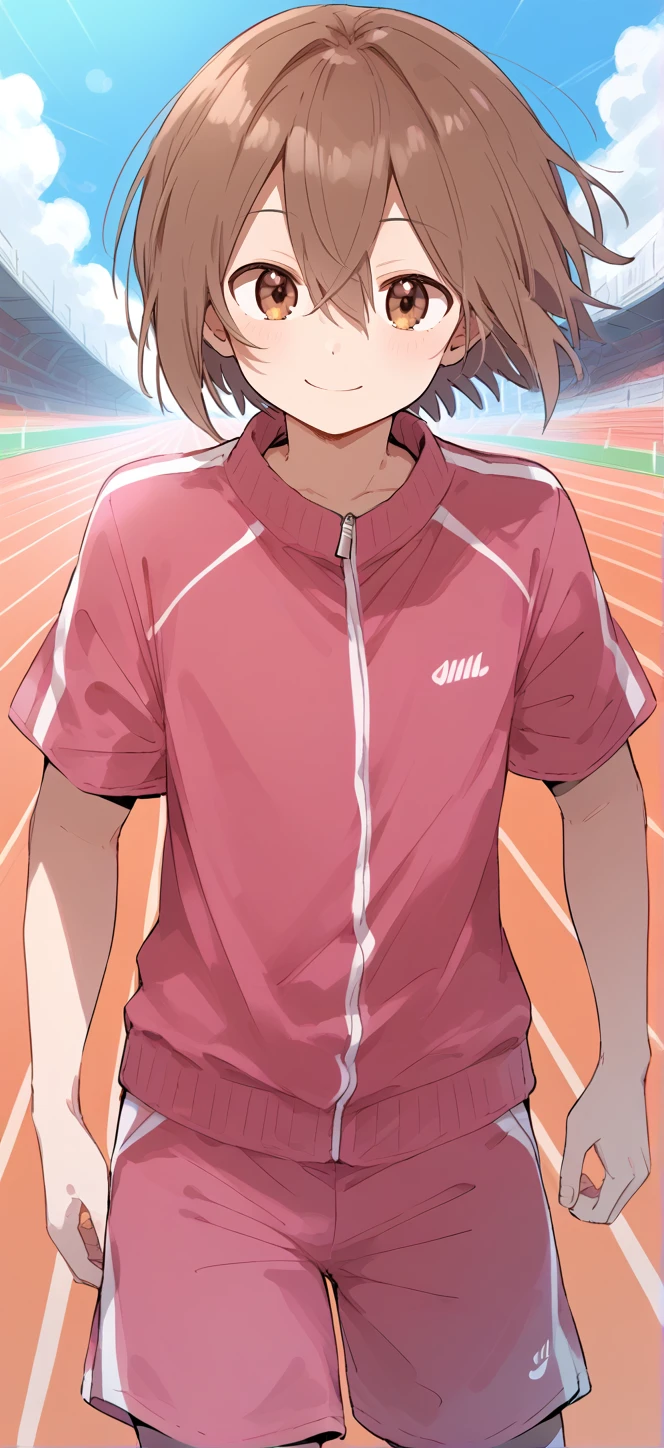 1boy,solo,male focus,asuka,brown hair,short hair,hair between eyes,brown eyes,smile,track,track suit,t-shirt,shorts,running