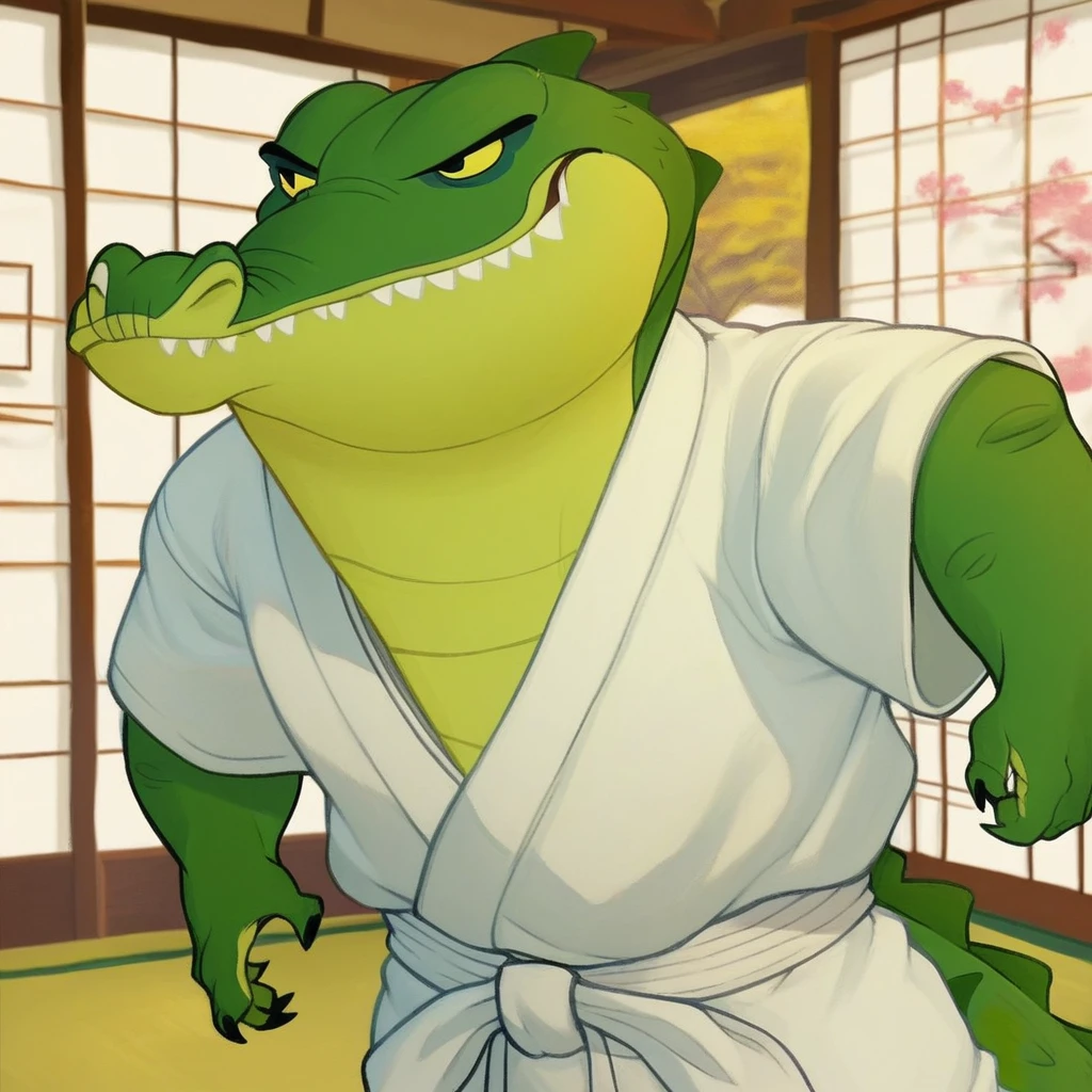 score_9, score_8_up, score_7_up, (((makuu, crocodile, scaly male))), solo, karate training, white karate kimono, traditional dojo, indoors