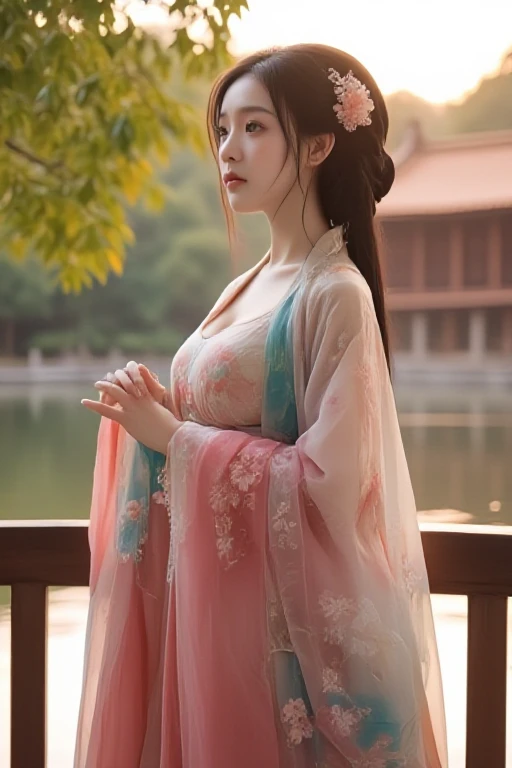 medium shot, 1girl, a young woman, a chinese female, straight neckline dudou, floral embroidery pattern wide sleeves, see through chiffon hanfu, see through chinese clothes, skinny, petite, moist eyes, hourglass figure, fair skin, hair ornament, hair flower, braided updo, long hair, forehead mark, facial mark, chinese palace, realistic, portrait, garden, waterside, willow, railings, rainbow gradient dress, gesture, sunset, <lora:TangfengNetidolFace_flux:1>