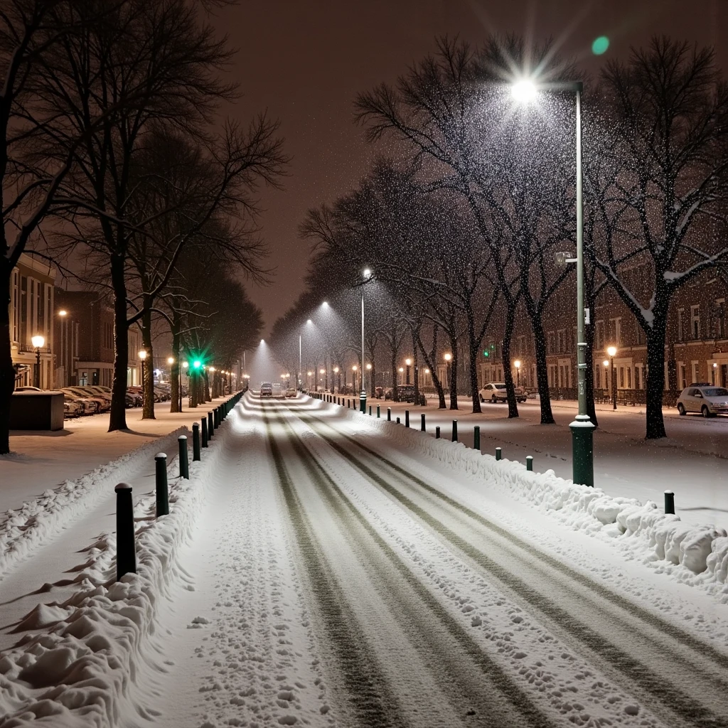 wintertime, A phone photograph of snow falling in rotterdam at night, posted to Reddit in 2019.


