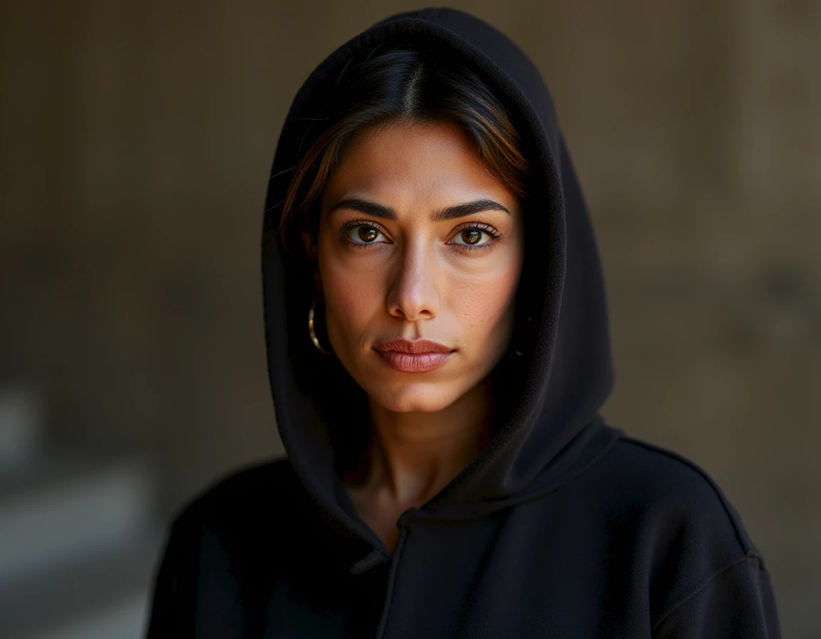 RAW photo,dark,moody,hazy atmosphere,35mm focal lenght,underexposed,cold,candid photograph,artistic,photograph of a beautiful,influencer,30yo Kurdish woman,hijab,detailed skin,fully naked,looking at viewer, candid pose,dim room,blue light, film grain, kodak color, instagram LUT