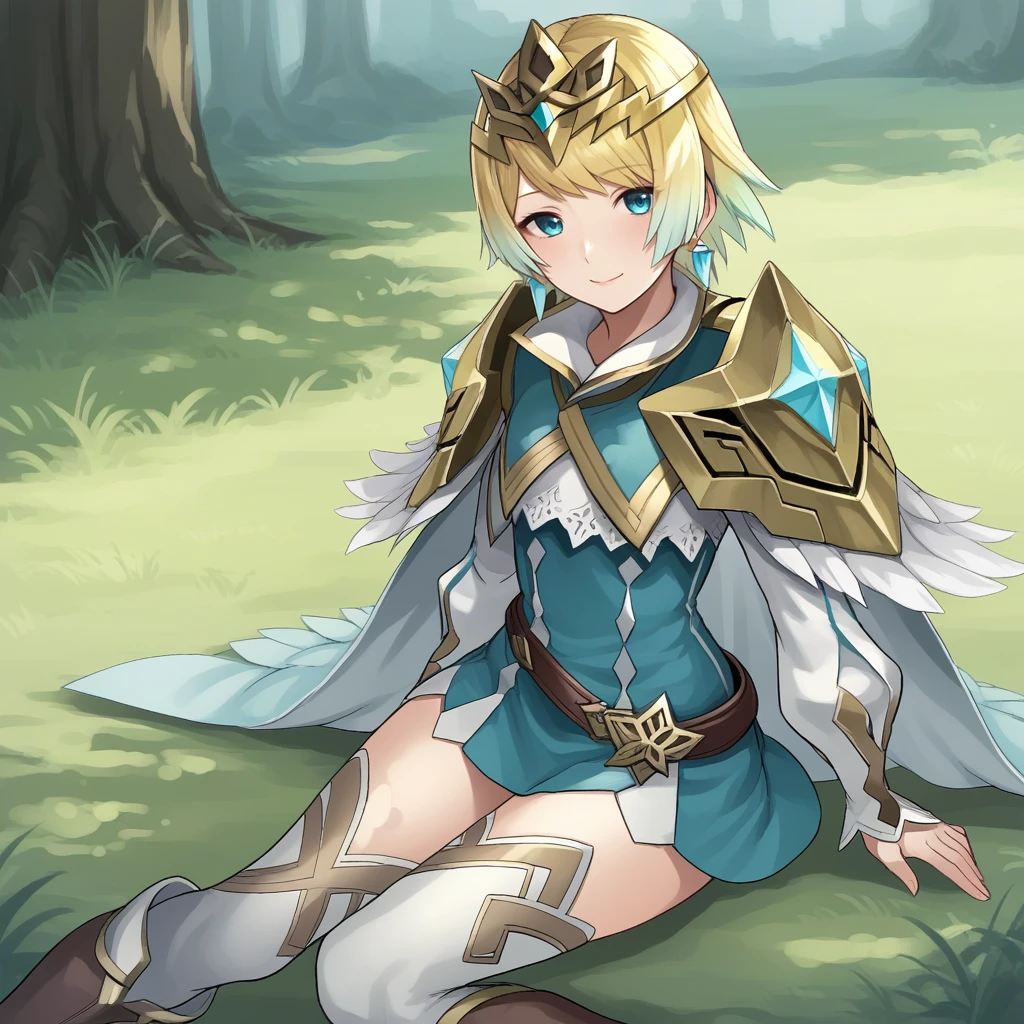 score_9, score_8_up, score_7_up, score_6_up, score_5_up, score_4_up, zPDXL2,source_anime,rating_questionable, 1girl, solo, smile, looking at viewer, outdoors, <lora:Fjorm_-_Fire_Emblem_Heroes:0.8>fjorm_FEH,gradient hair, multicolored hair, short hair, blonde hair, bangs, blue eyes, feather trim,  shoulder armor, long sleeves,  boots, cape, thighhighs, short dress, belt, earrings, zettai ryouiki, tiara, jewelry