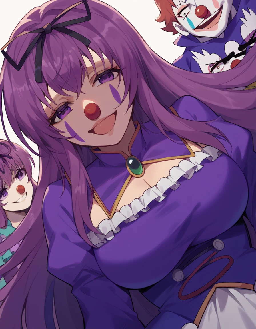 score_9, score_8_up, score_7_up, source_anime, <lora:sk-murasaki-s1-ponyxl-lora-nochekaiser:1>, murasaki, long hair, ribbon, purple eyes, hair ribbon, purple hair, large breasts,, <lora:clown-ponyxl-lora-nochekaiser:1>, clown, makeup, clown nose, facepaint, gloves, long sleeves, frills, dress,, smile, open mouth, smug, , dutch angle, cowboy shot