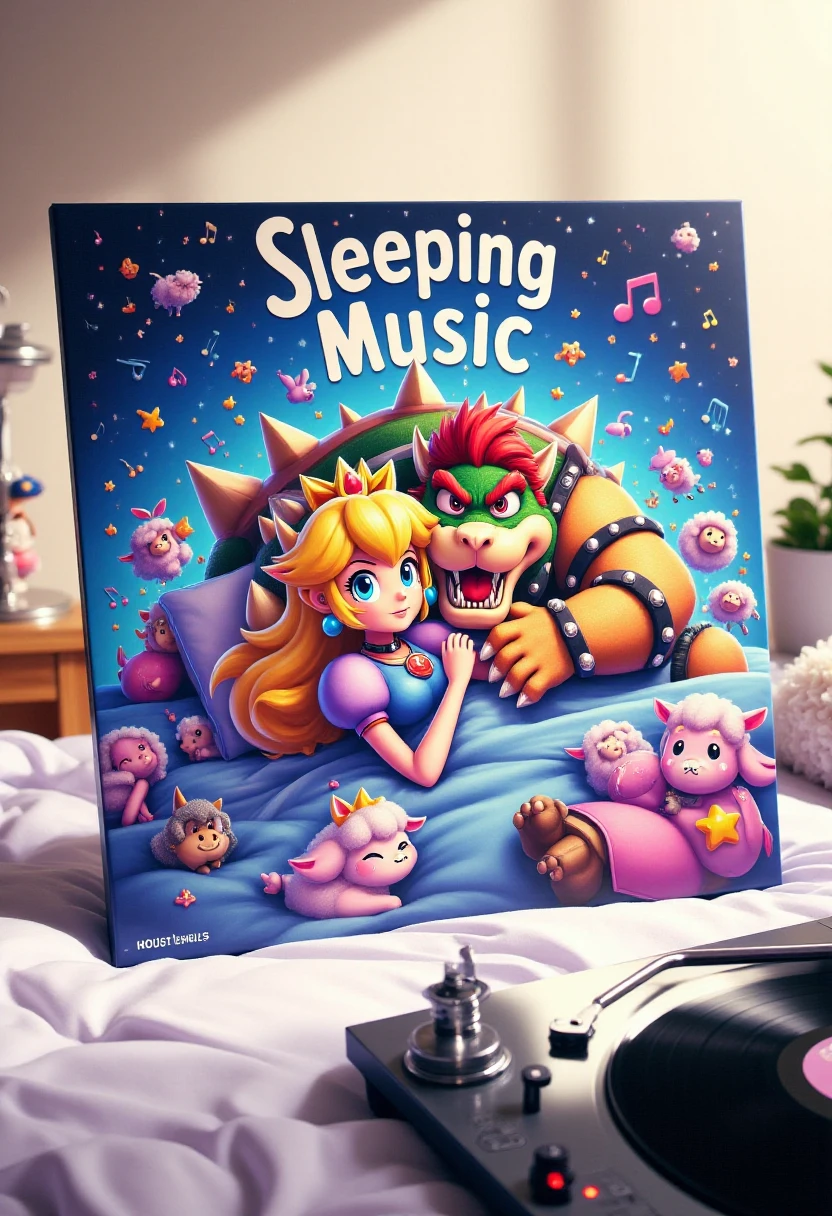 <lora:Album_Art_Actualizer_FLUX-000018:0.8>
The image is a colorful, whimsical illustration of a music album cover for "Sleeping Music." The central figure is a stylized, cartoonish depiction of Princess Peach and Bowser from the Super Mario Series, cuddling up in bed together. Surrounding the bed are various whimsical music notes and flying sheep. The album cover is sitting on a bed, with a record playing on the nightstand.