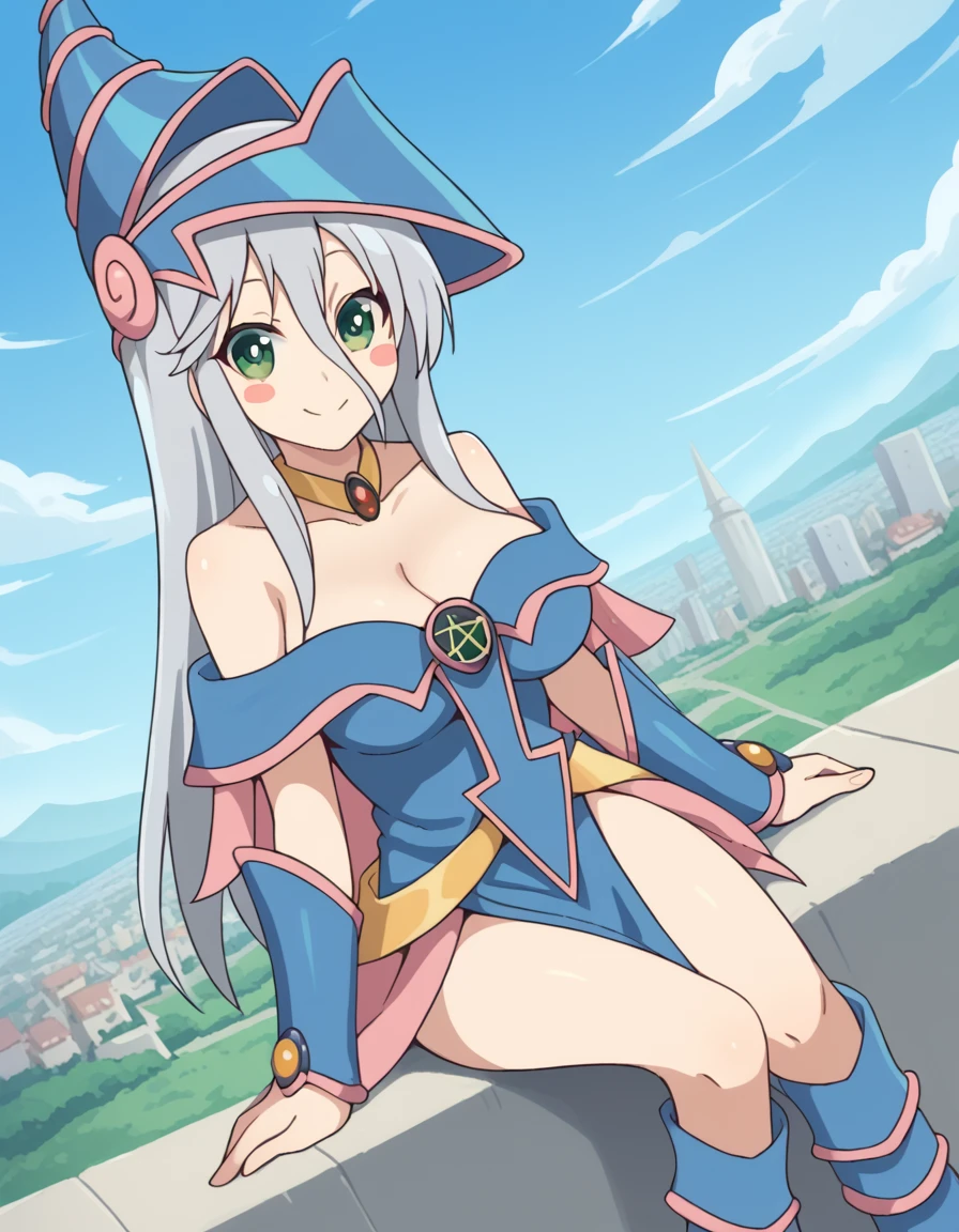 score_9, score_8_up, score_7_up, source_anime, <lora:sk-gekko-s1-ponyxl-lora-nochekaiser:1>, gekko, long hair, hair between eyes, green eyes, grey hair, hairband, yellow hairband, large breasts,, <lora:dark-magician-girl-cosplay-ponyxl-lora-nochekaiser:1>, dark magician girl cosplay, dark magician girl (cosplay), bare shoulders, blue footwear, blush, blush stickers, cleavage, collarbone, duel monster, hat, off shoulder, pentacle, wizard hat,, outdoors, cityscape, sitting, smile, blush, cowboy shot, looking at viewer, , dutch angle, cowboy shot