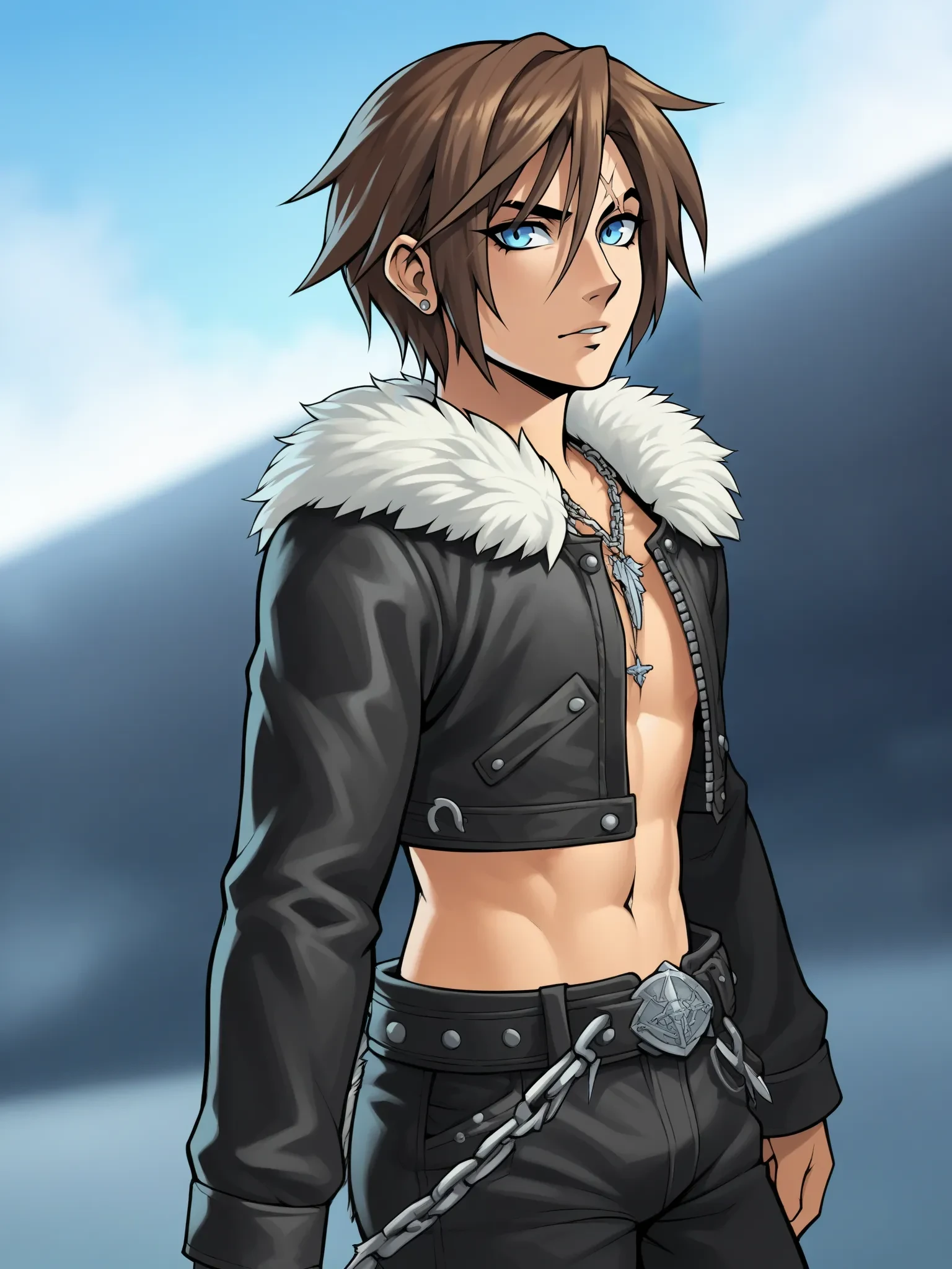 uncensored, score 9 up, score 8 up,
 <lora:[Square Enix] Squall Leonheart Character PonyXL:1>,blue eyes, squall leonhart, brown hair, jewelry, scar on face, short hair, fur-trimmed jacket, scar on forehead, cropped jacket, chain necklace, open jacket femboy, standing, looking back at viewer,