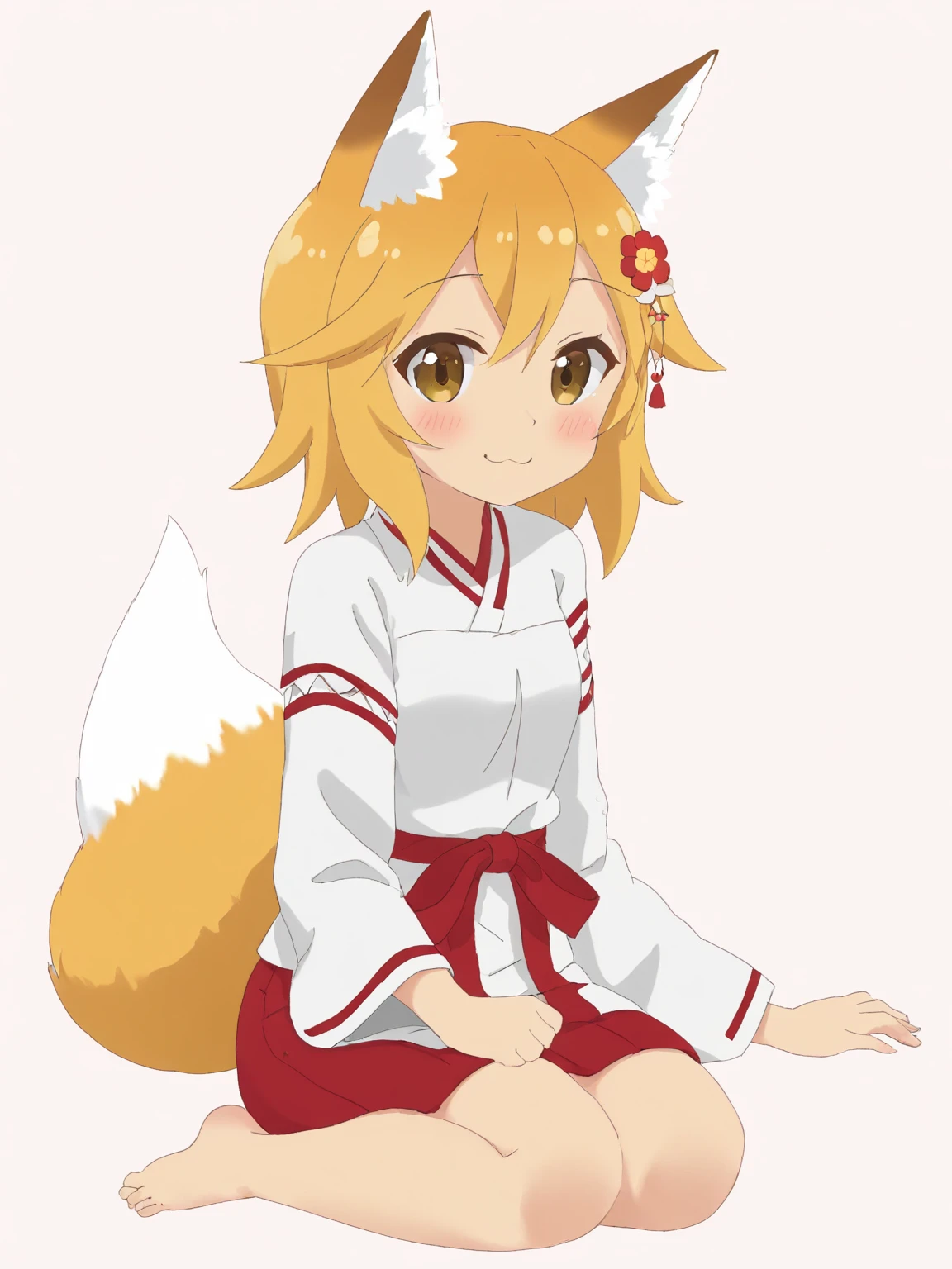 1girl,animal ear fluff,animal ears,barefoot,blush,fang,flower,fox ears,fox girl,hair flower,looking at viewer,red hakama skirt,simple background,smile,solo,wide sleeves,senko-san,brown eyes,blonde hair,<lora:Miyukari san-SDXL-lora-2024.10.28-version3:0.55>,