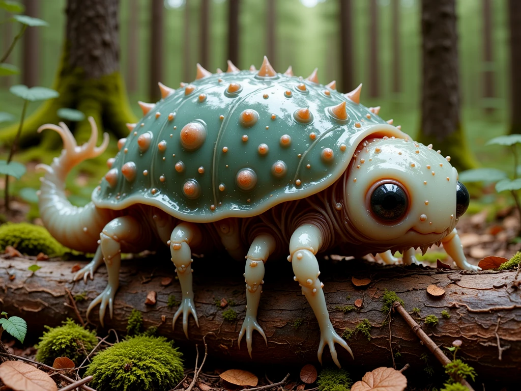 A surreal creature with a metallic carapace, crawling along a felled tree trunk.

sqshyCE style