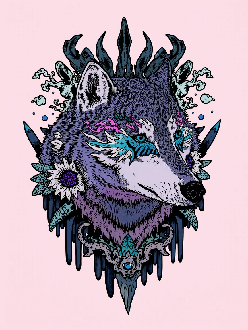 This is a vibrant, fantastical digital drawing of a wolf. The wolf is depicted in a stylized, almost surreal manner with a blend of realistic and fantastical elements. The wolf's fur is rendered in a gradient of purples and grays, giving it a mystical, ethereal appearance. Its eyes are a striking, glowing blue, and its body is adorned with intricate, glowing, crystal-like formations around its neck and face, adding a magical touch. The crystals are depicted in shades of black and white, contrasting sharply with the wolf's fur.