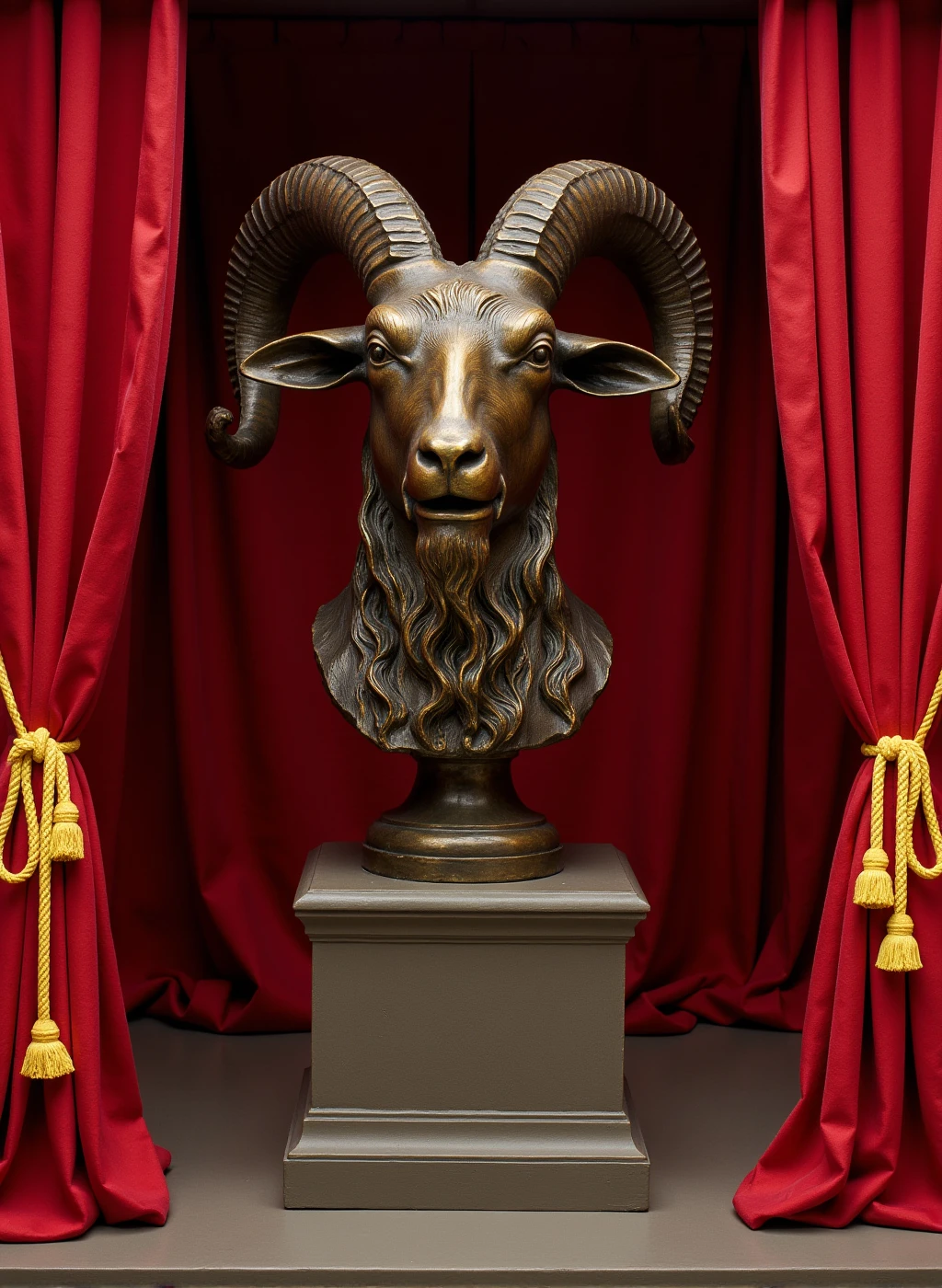 sculptur3 sculpture of a bronze head bust, the subject is a large goat, the scene is an intimate museum showcase with velvet red curtains and yellow cords