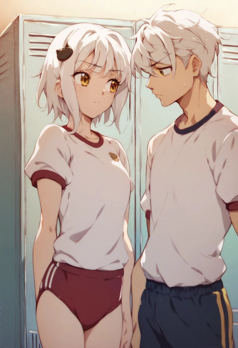 score_9, score_8_up, score_7_up, 
k0n3k0t0uj0u,Koneko Toujou,
1girl, short hair, hair ornament, 1boy, yellow eyes, white hair, gym uniform, locker, cat hair ornament, locker room