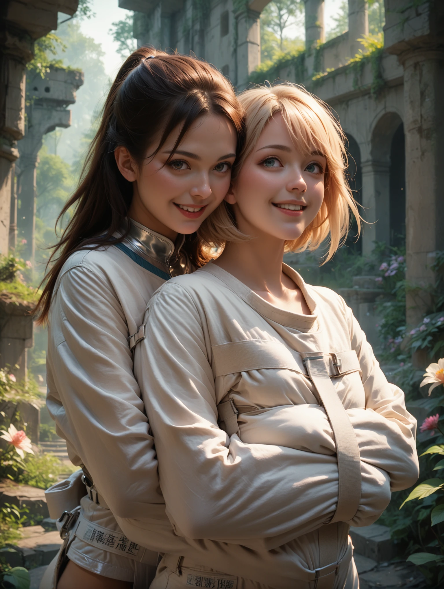 two chinese  girls wear straitjacket,snuggle,sunshine,closed_up,crossed arms,restrained,forest,flower,ruins,(smile:0.8),<lora:Straitjacket_Pony:0.8>,, score_9, score_8_up, score_7_up,