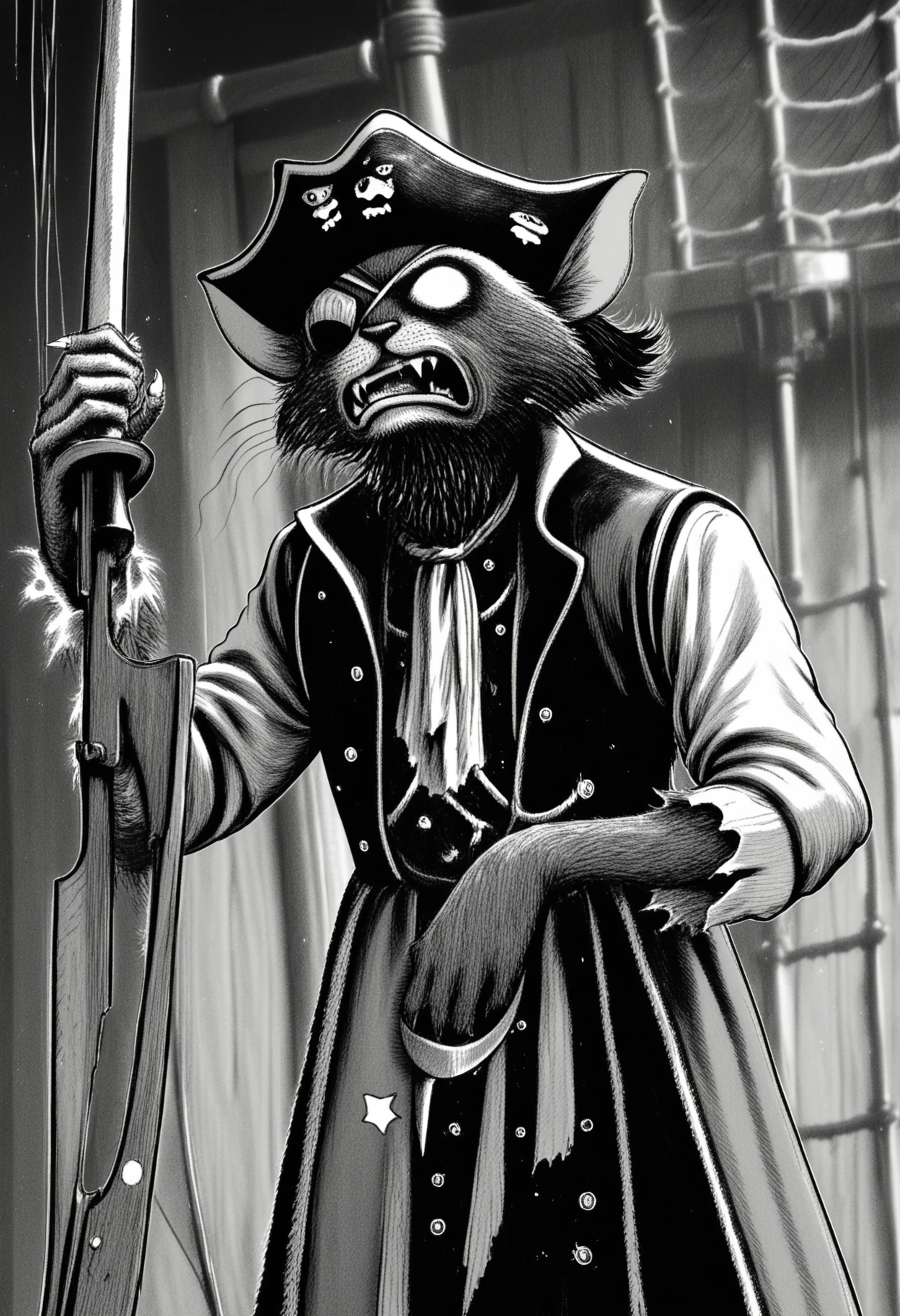 jitostyle, monochrome, greyscale, horror (theme), safe_pos, score_9, score_8_up, score_7_up, 1boy, pirate captain, cat, dark fur, long fur, solo, anthro, evil, fangs, eyepatch, pirate captain hat, fangs, angry, holding sword, pirate ship