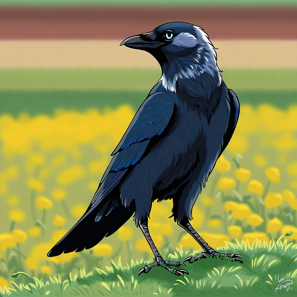 *BASE MODEL: seaartFurryXL10_seaartFurryXL10.safetensors* jackdaw, corvid, bird, avian, feathery, fullbody, solo, standing, spread wings, (looking at viewer), grass, [soil], [dandelions], day, 2d, digital_media_(artwork), cartoon, outline, flat shading, colorful, whimsical, sfw, masterpiece, hi_res