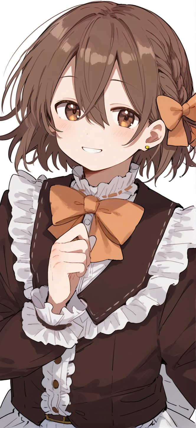 1boy,solo,male focus,asuka,brown hair,short hair,hair between eyes,brown eyes,braid,frills,bow,hair bow,smile