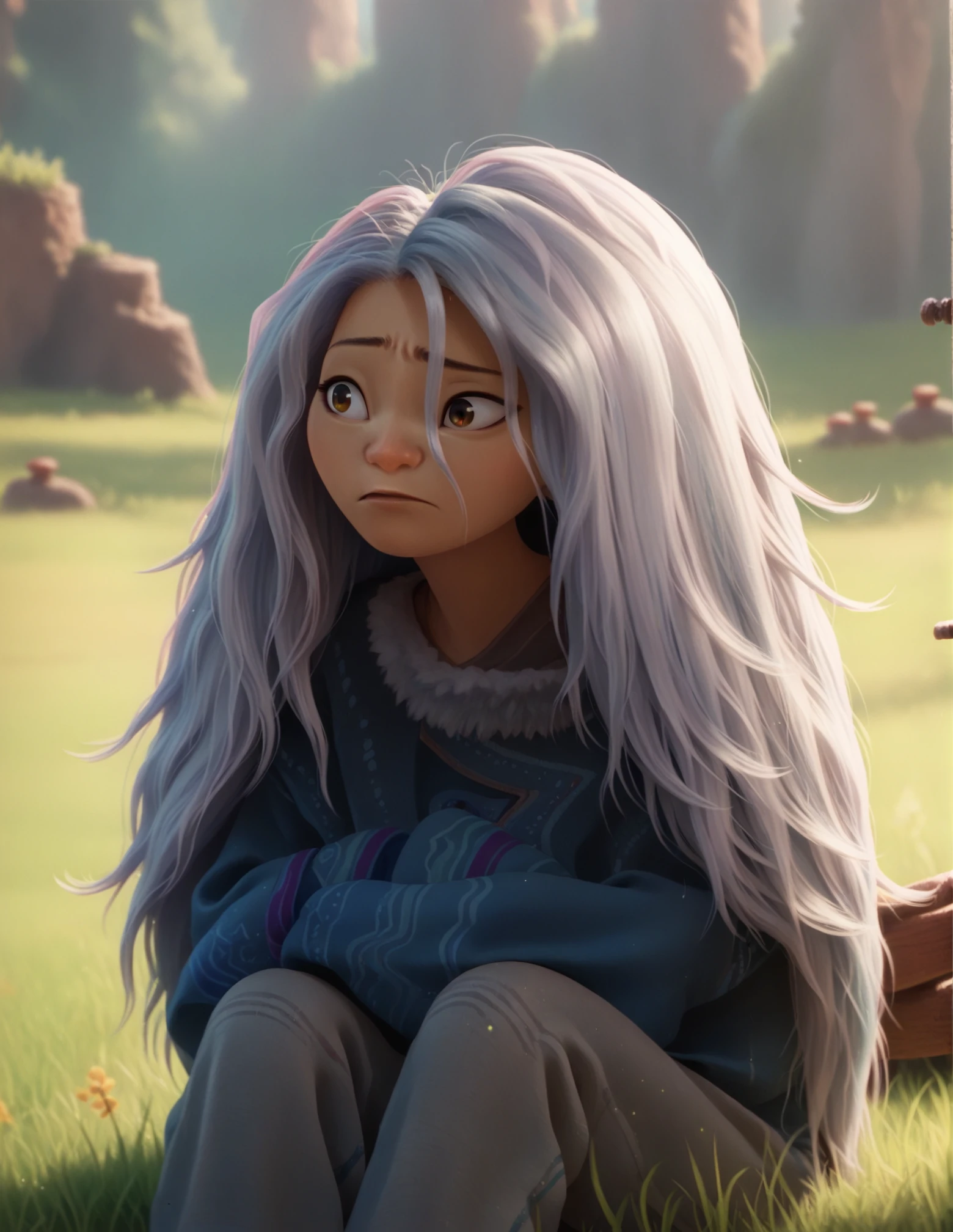 1girl, long hair, portrait, outdoors, grass, gray pants, sitting, solo, brown eyes <lora:Sisu_Human_form:1> human sisu, score_9, score_8_up, score_7_up, score_6_up