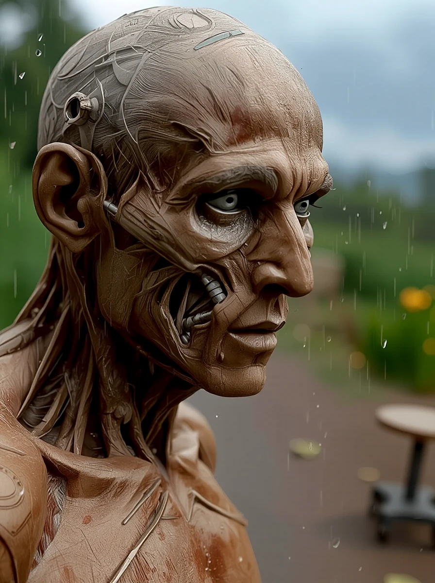 best quality, highly detailed, photorealistic, a old man cyborg in the rain, JAHOUTON<lora:houton:1.50> ,natural lighting, sharp, 32K HD,