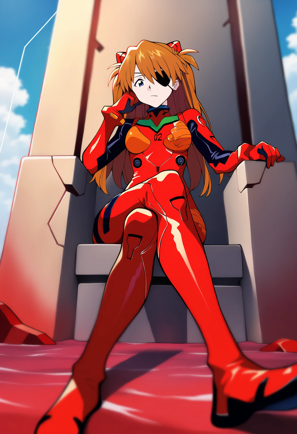 masterpiece, best quality, very aesthetic, absurdres,
1girl, souryuu asuka langley, neon genesis evangelion, rebuild of evangelion, plugsuit, pilot suit, red bodysuit, sitting, crossed legs, black eye patch, throne, looking down, from bottom, looking at viewer, outdoors