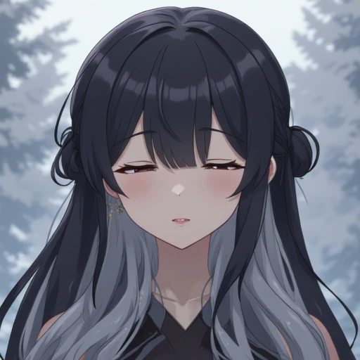 1girl, solo, black hair, hair between eyes, closed eyes, grey hair, multicolored hair, depth of field, crossed bangs, silver wolf \(honkai: star rail\), bronya zaychik, viewer kiss